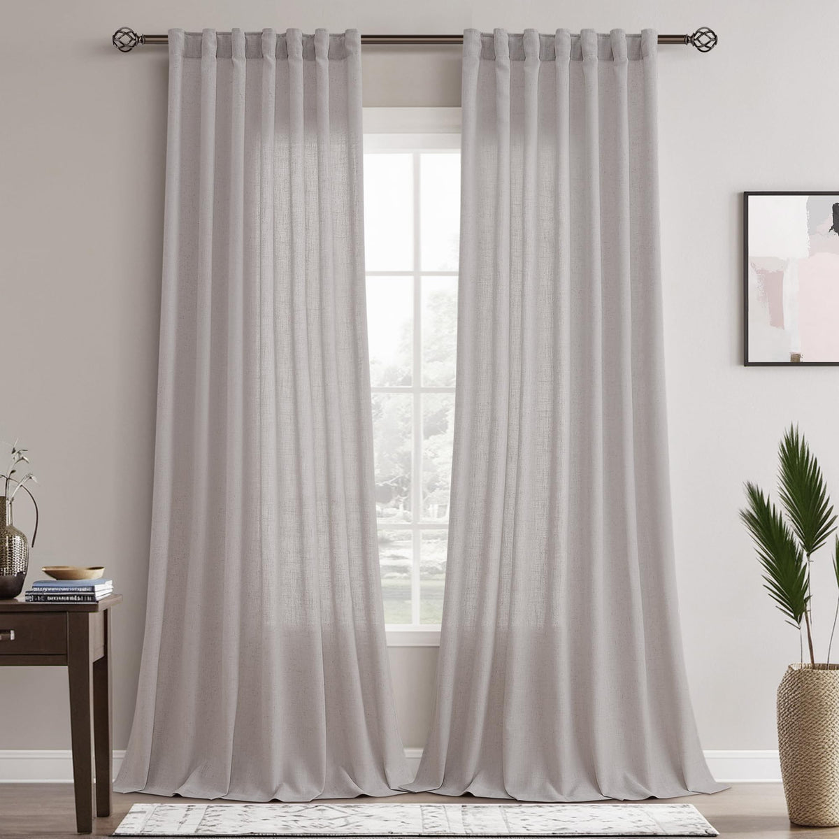 Joywell Light Beige Linen Semi Sheer Curtains 96 Inches Length Long Rod Pocket Back Tab Hook Belt Clip Rings Window Curtains Drapes For Bedroom Living Room 2 Panels 52X96
