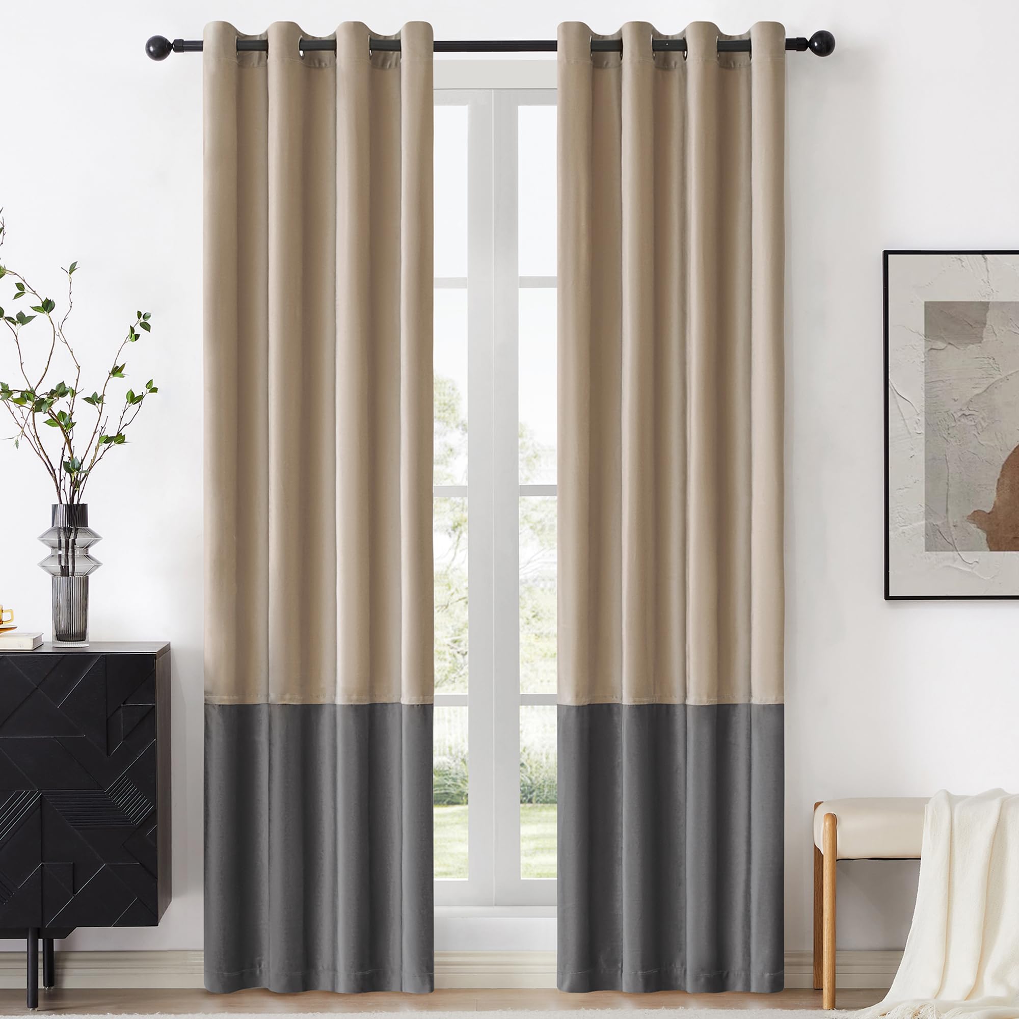 Bulbul Champagne Grey Color Block Window Curtains Panels 84 Inches Long Velvet Farmhouse Drapes For Bedroom Living Room Darkenin