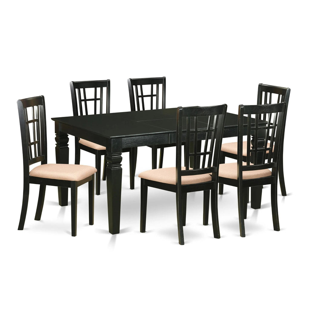 East West Furniture WENI7-BLK-C 7 Piece Dining Set Consist of a Rectangle Dining Room Table with Butterfly Leaf and 6 Linen Fabric Upholstered Kitchen Chairs, 42x60 Inch, Black