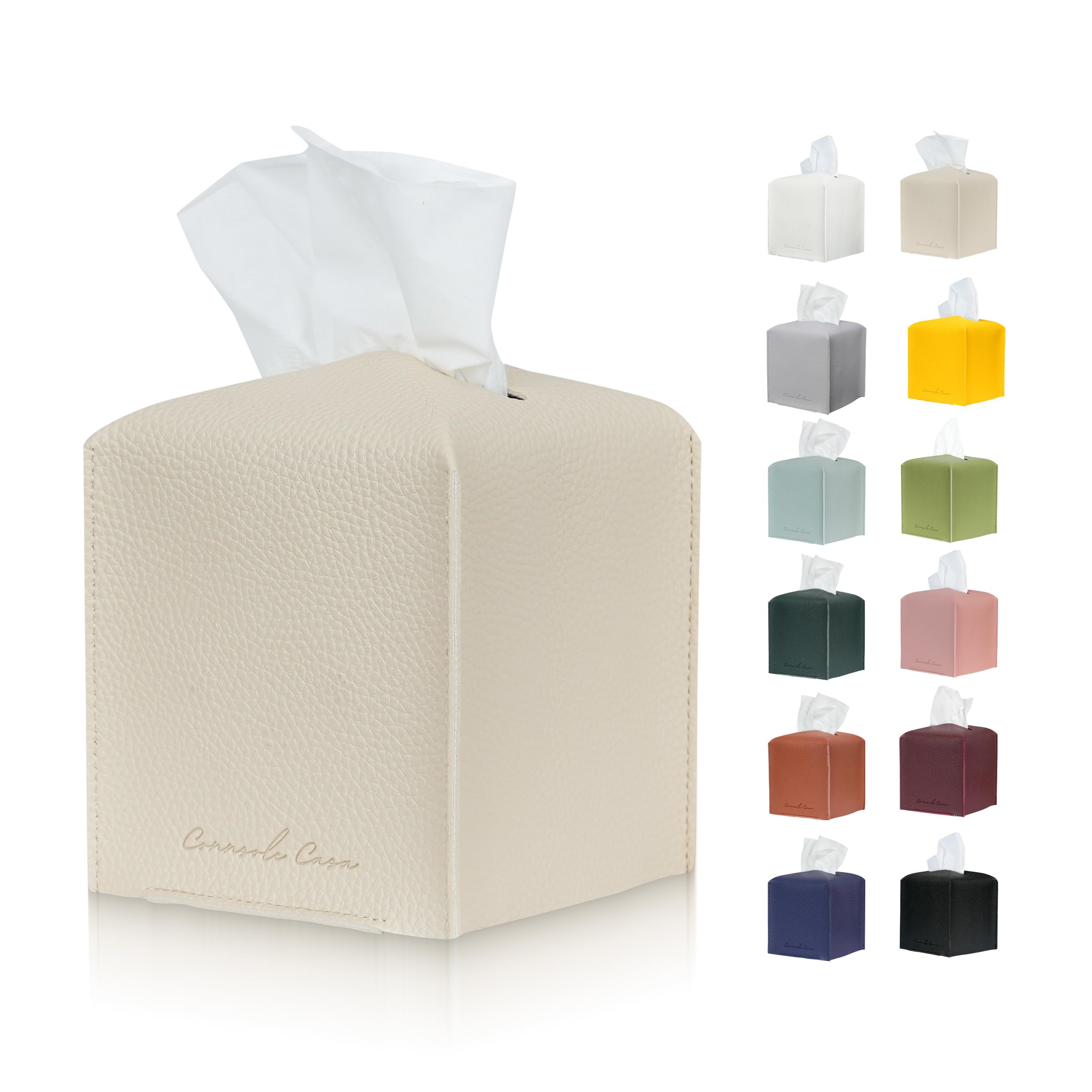 Connsole Casa Premium PU Leather Tissue Box Holder - Elegant Hotel-Style Beige Tissue Box Cover for Enhanced D  cor of Home, Off
