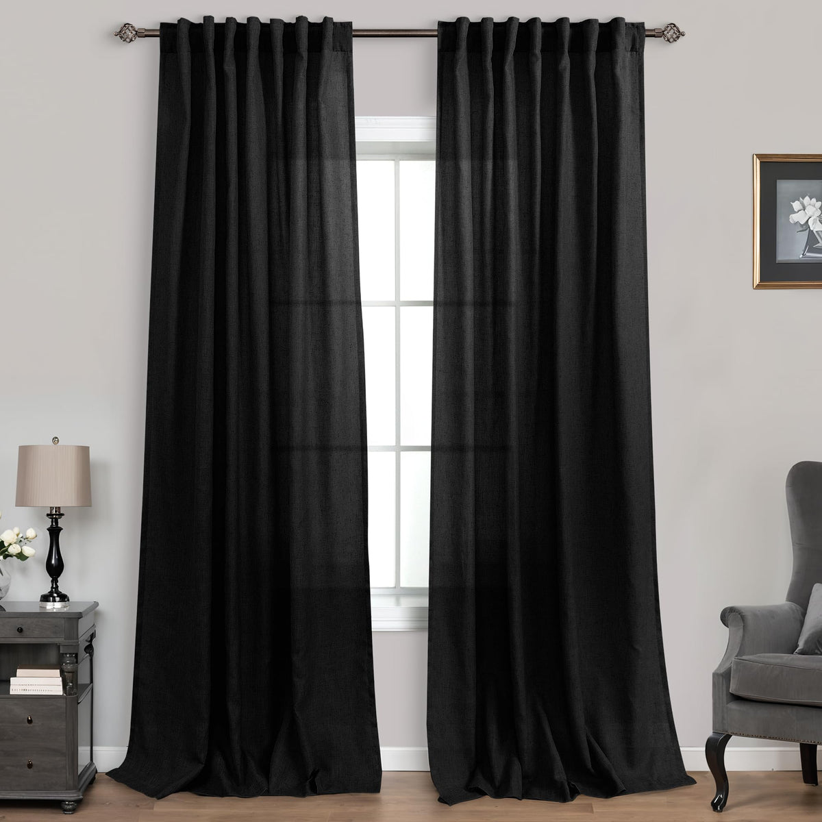 Mrs.Naturall Black Linen Curtains 96 Inches Long For Living Room Bedroom,Back Tab Sheer Curtain Drapes Floor To Ceiling Length 2