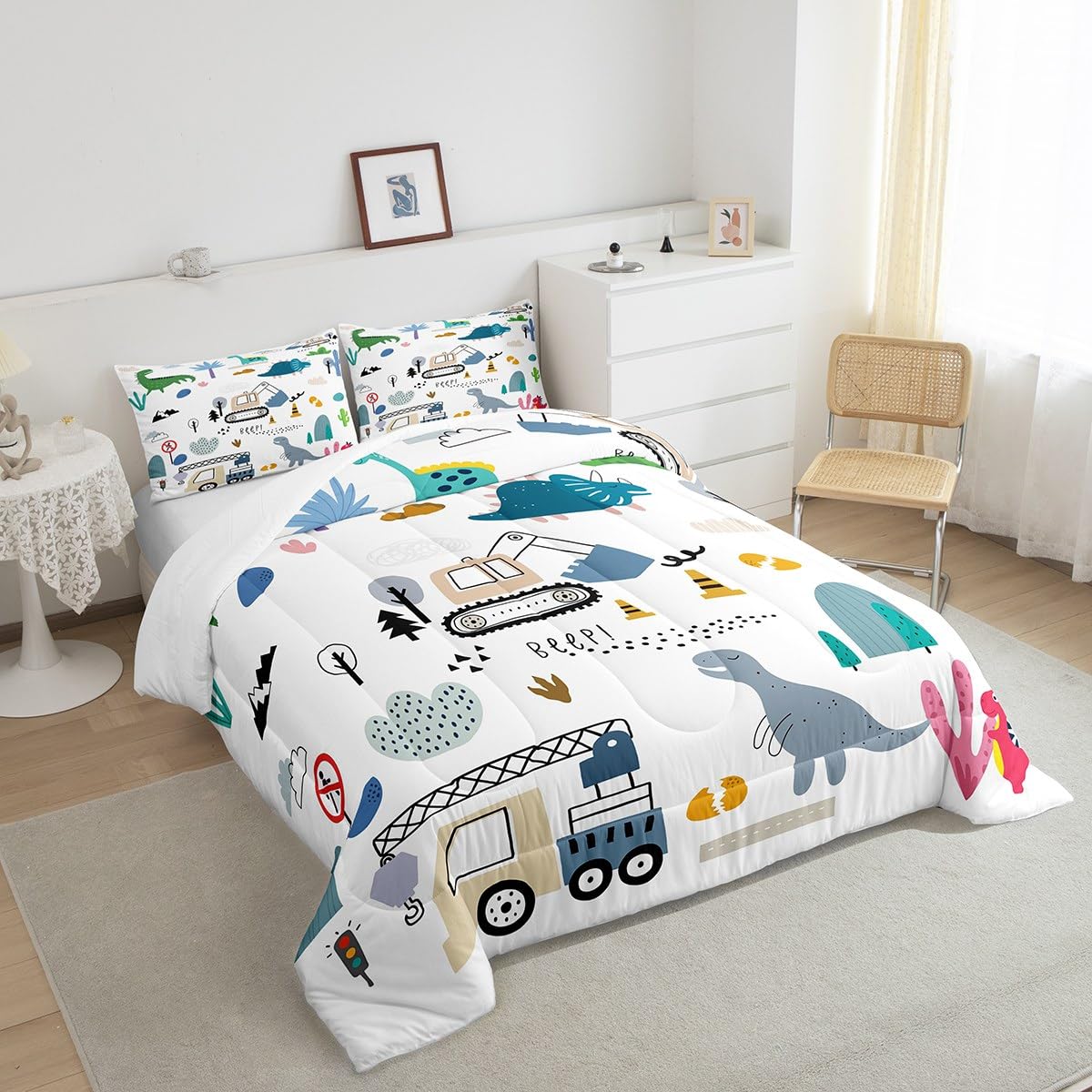 Erosebridal Construction Comforter Set Twin, Cute Dino Excavator Bedding For Kids Boys Girls, Cartoon Car Trucks Crane Equipment