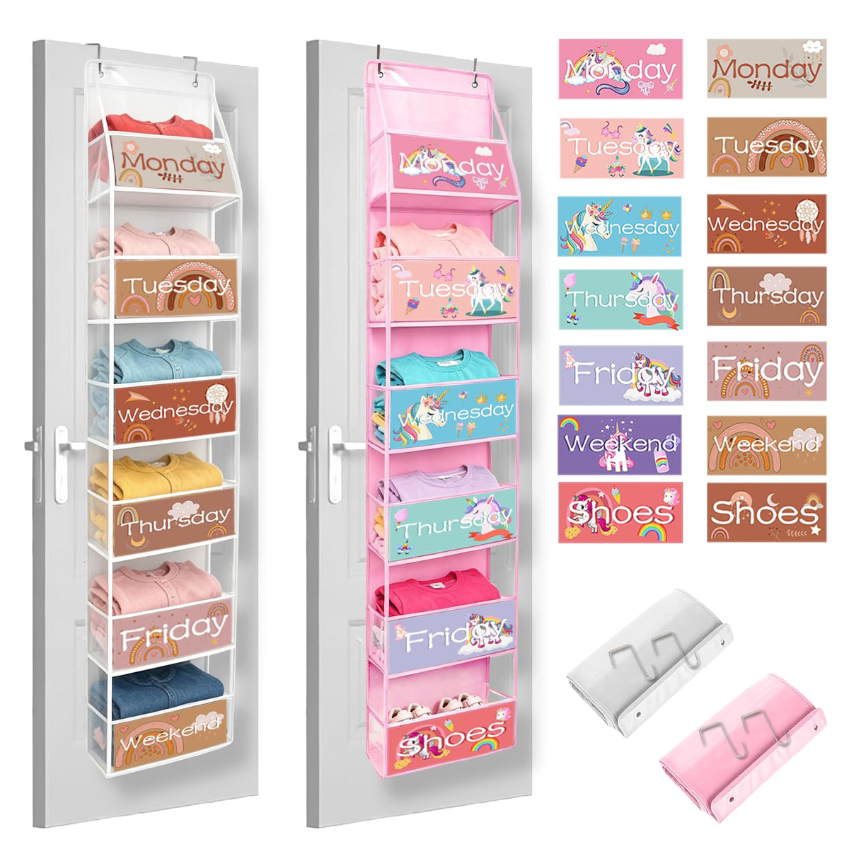 GLOMAXLY 2 Pack Weekly Clothes Organizer for Kids, 6 Shelf Hanging Closet Organizer with Clear Window, Foldable Days of the Week