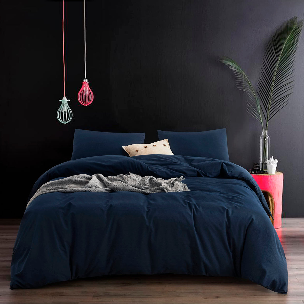 Ecocott Navy Blue Duvet Cover Oversized King Size - 100% Washed Cotton Durable Soft Comfy Duvet Cover Set, 3 Pieces Duvet Cover