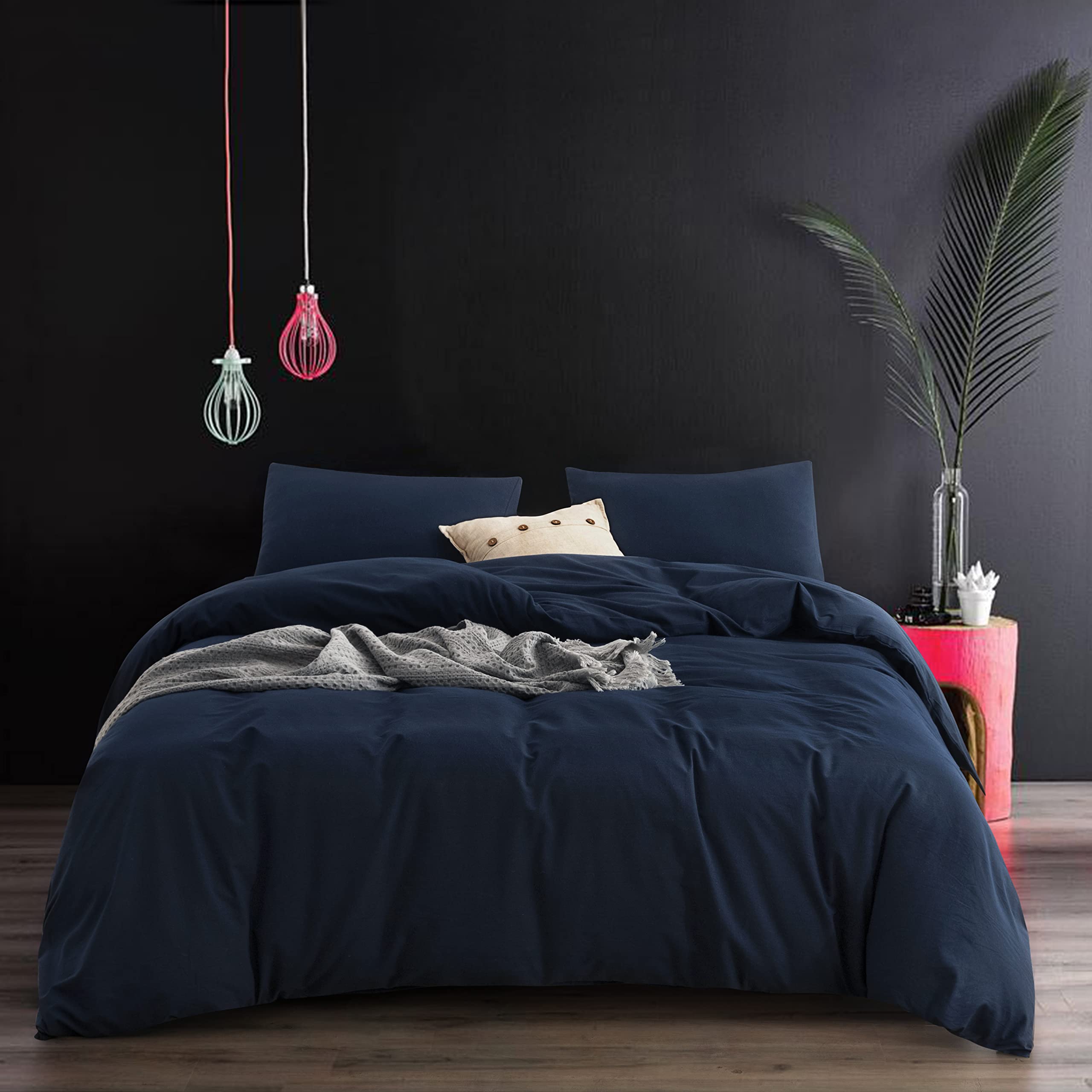 Ecocott Navy Blue Duvet Cover Oversized Queen Size, 100% Washed Cotton 3-Piece Bedding Set - Ultra Soft, Breathable & Easy Care