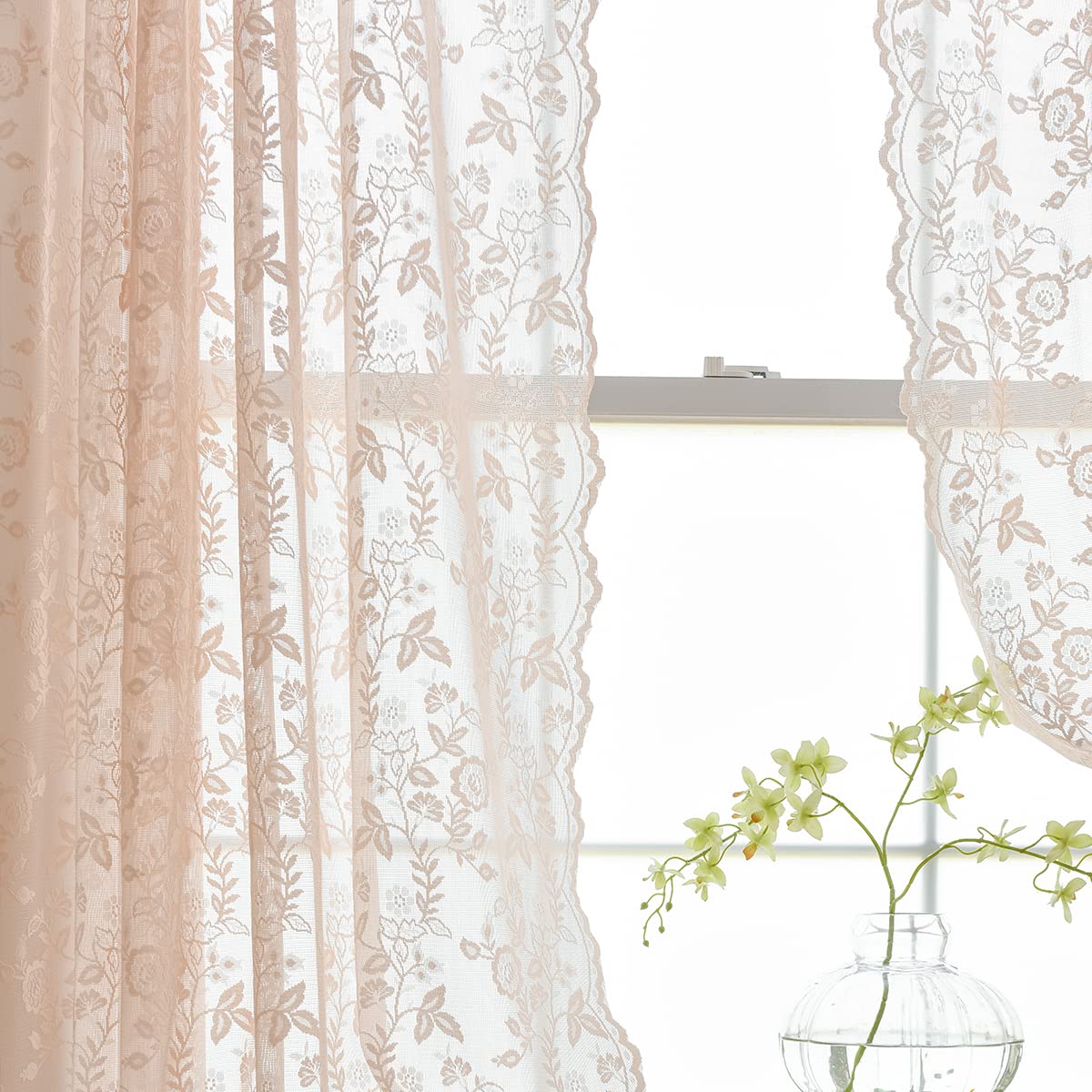 FINECITY Blush Lace Curtains 96 Inches Long - Country Rustic Branch Floral Lace Sheer Curtains 2 Panels Set for Living Room, Pri