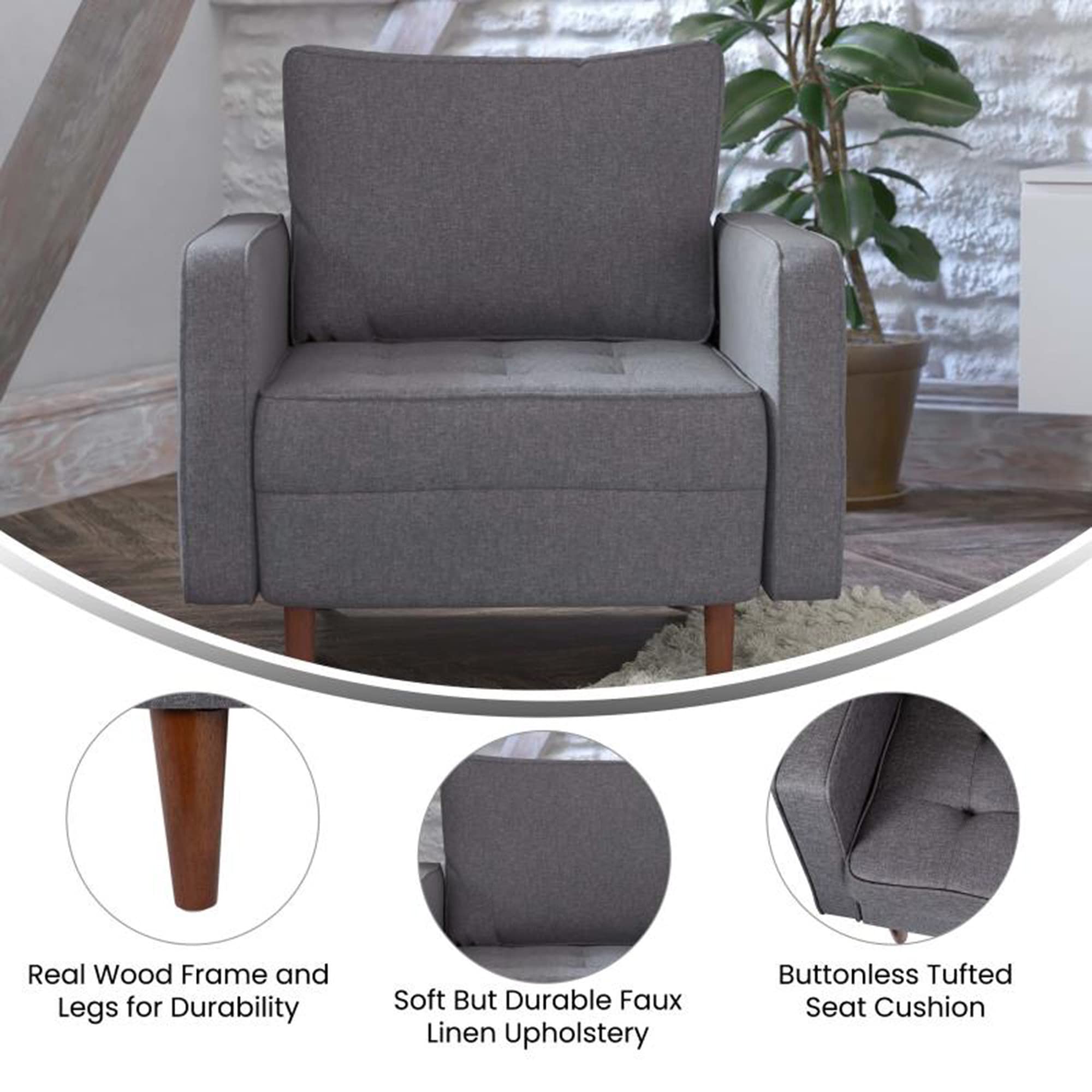 Flash Furniture Hudson Commercial Mid-Century Modern Chair - Dark Gray Faux Linen Upholstery - Buttonless Tufted Seat - Solid Wood Legs