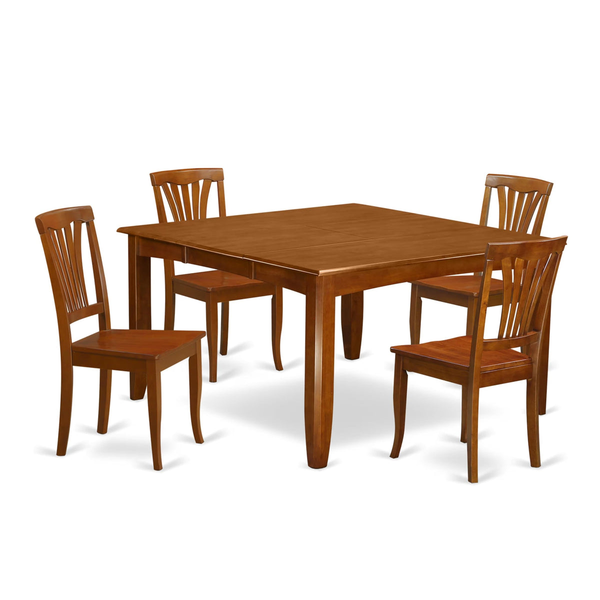 East West Furniture PFAV5-SBR-W 5 Piece Kitchen Table & Chairs Set Includes a Square Dining Room Table with Butterfly Leaf and 4 Solid Wood Seat Chairs, 54x54 Inch, Saddle Brown