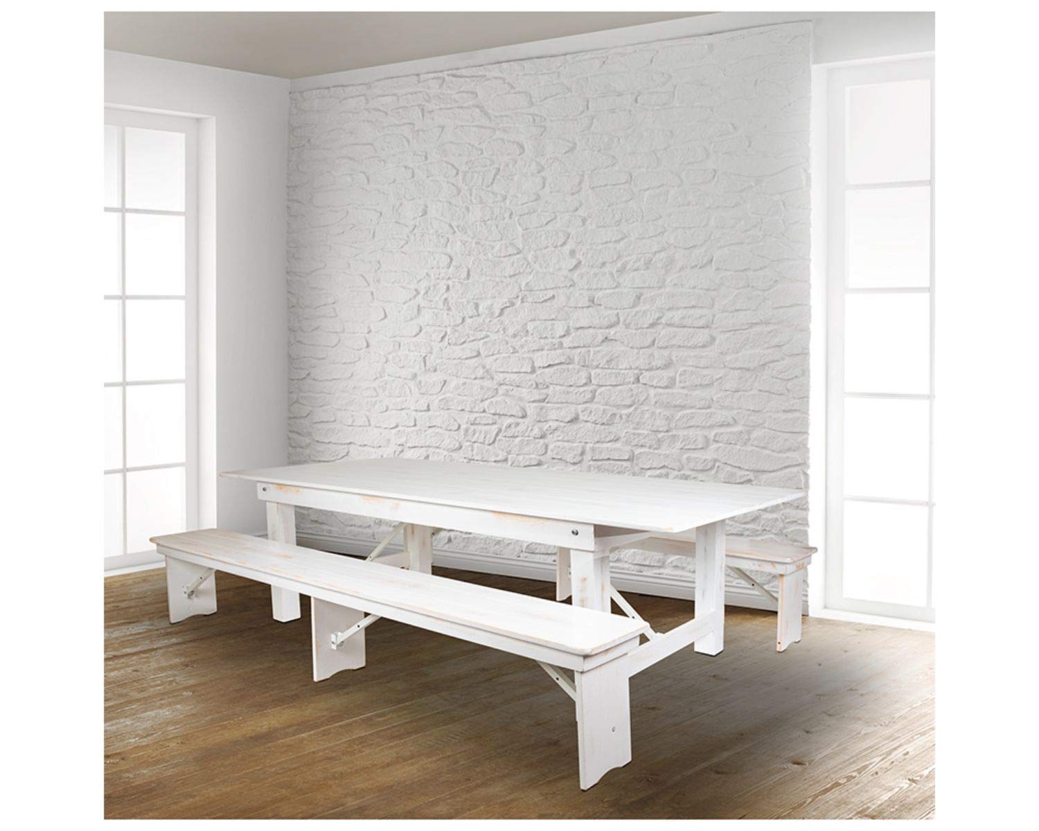 Flash Furniture Hercules Series 8' X 40&quot; Antique Rustic White Folding Farm Table And Two Bench Set