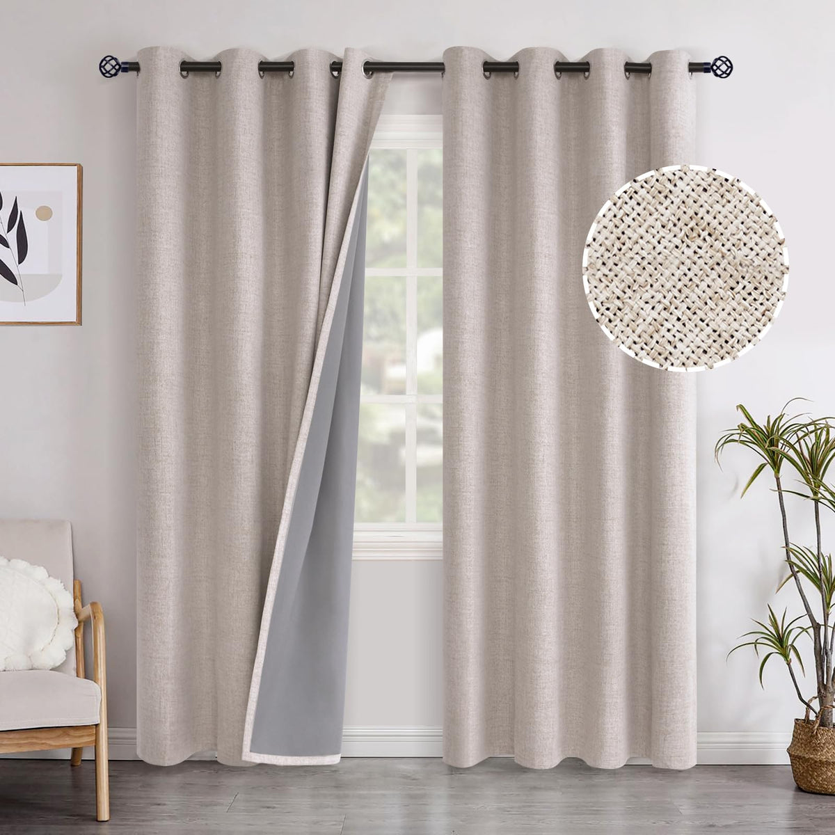 Youngstex Linen Blackout Curtains 84 Inches Length, Grommet Thick Full Room Darkening Bedroom Curtain Thermal Insulated Drapes F