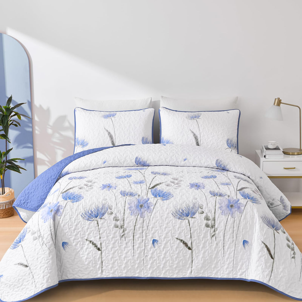 King Size Quilt Set Floral,3 Pieces Blue & White Quilts Coverlet Set Flower Bedspreads Bed Cover Lightweight Spring Quilt Cute B