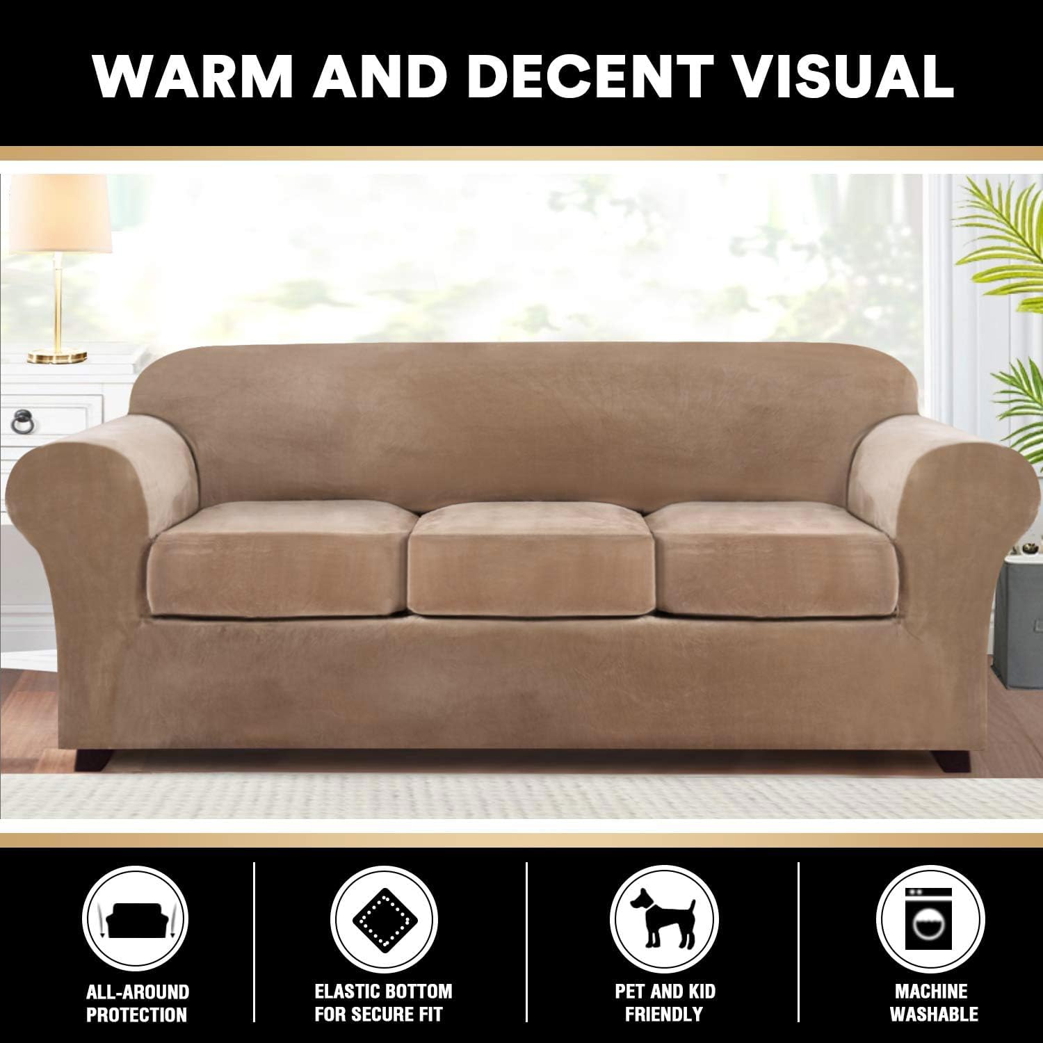 Princedeco 4 Pieces Couch Covers Velvet Couch Covers For 3 Cushion Sofa Soft Furniture Protector With Non Slip Elastic Bottom Washable Couch Covers Width Up To 90 Inch (Large, Camel)