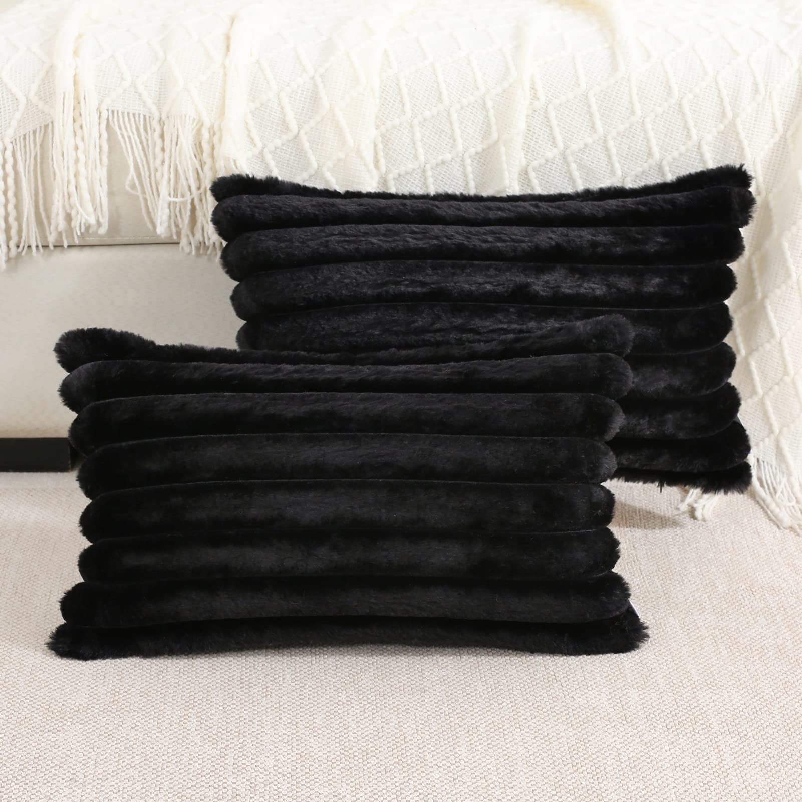 Futei Black Striped Decorative Throw Pillow Covers 12X20 Inch Set Of 2,Rectangle Winter Decorations Couch Lumbar Pillowcase,Soft
