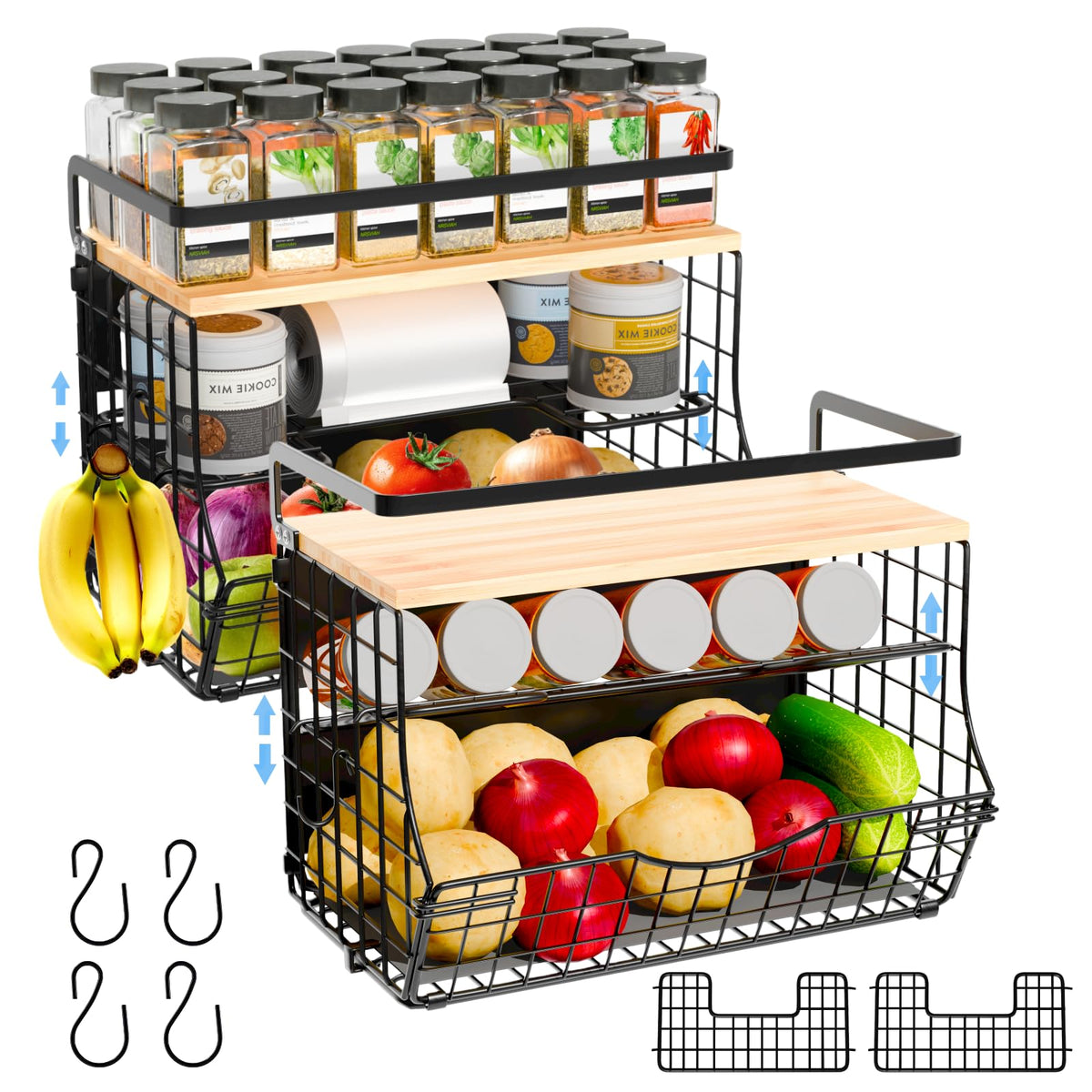 NRSVIAN Magnetic Shelf for Fridge with Wood Lid, Fruit Potato and Onion Storage Bins, Kitchen Large Container Magnetic Spice Rac
