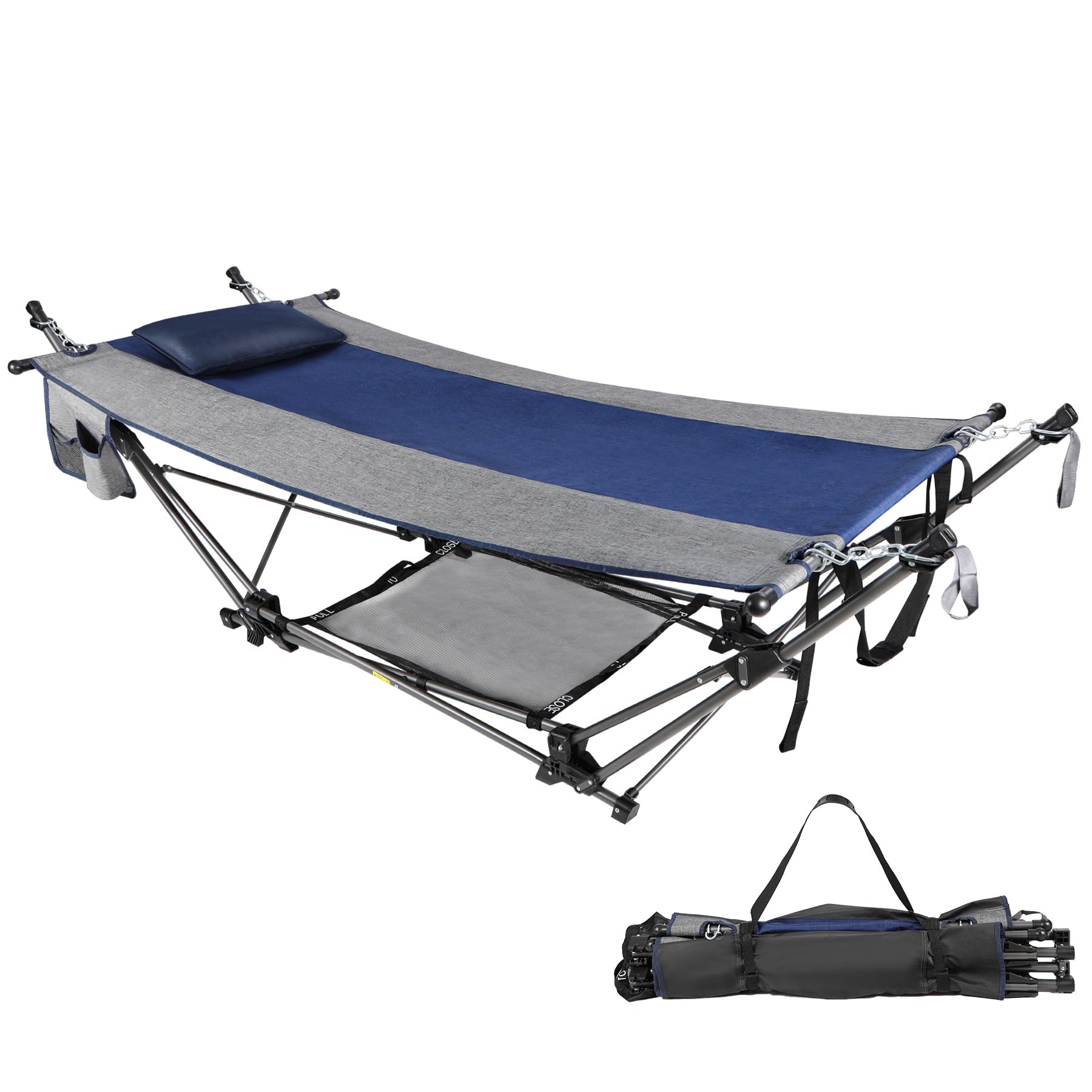 RedSwing Extra-Long Portable Folding Hammock with Stand,Fold Up Hammock with Removable Pillow,Storage Net,Foldable Camping Hammo