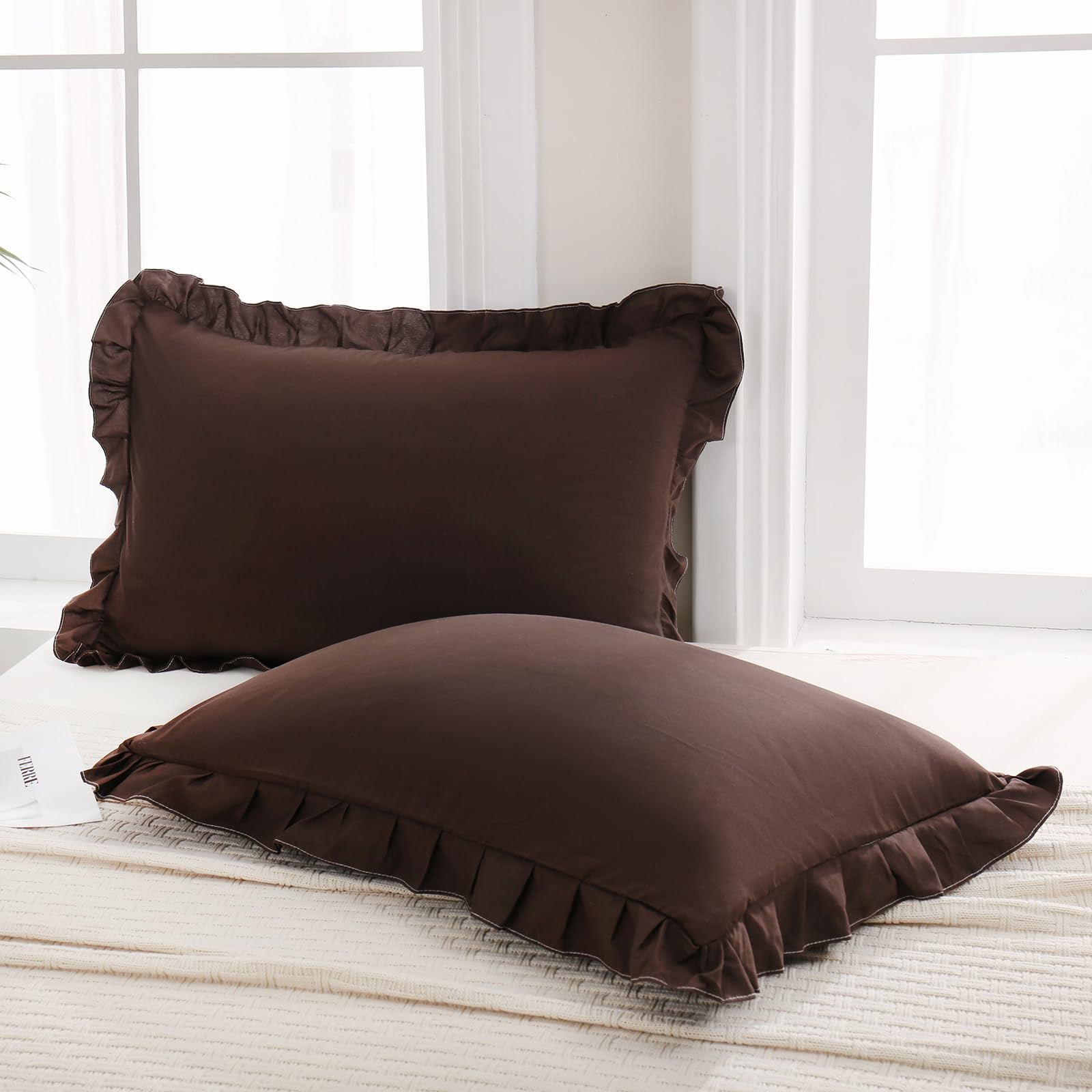 Merryword Dark Brown Pillow Shams Chocolate King Pillowcases Cute Pillow Cover Set Of 2 Soft Shabby Chic Ruffled Pillowcases 2 P