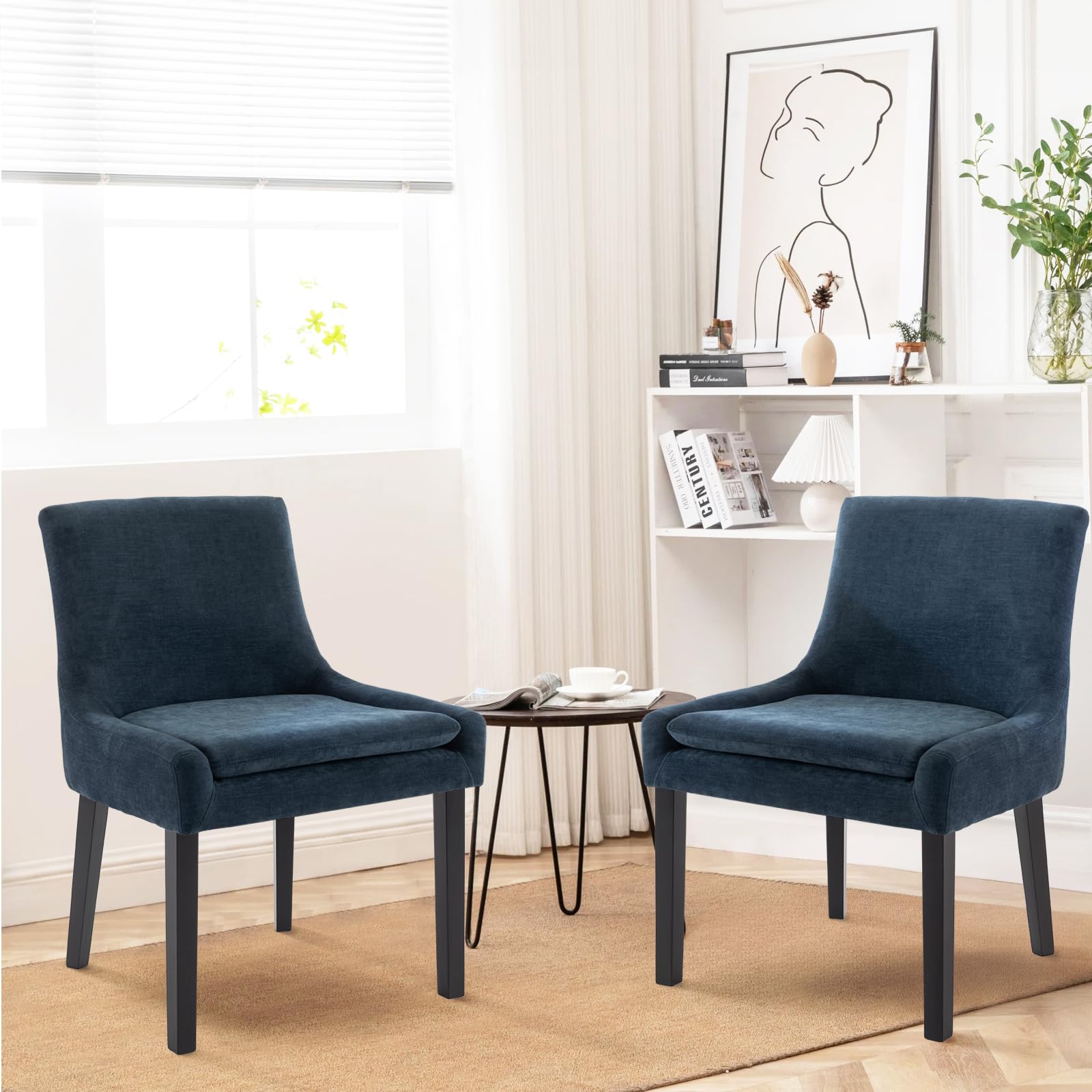 COLAMY Dining Chairs Set of 2 Upholstered Corduroy Accent Side Leisure Chairs Mid Back Wood Legs Blue HY-T89-Blue