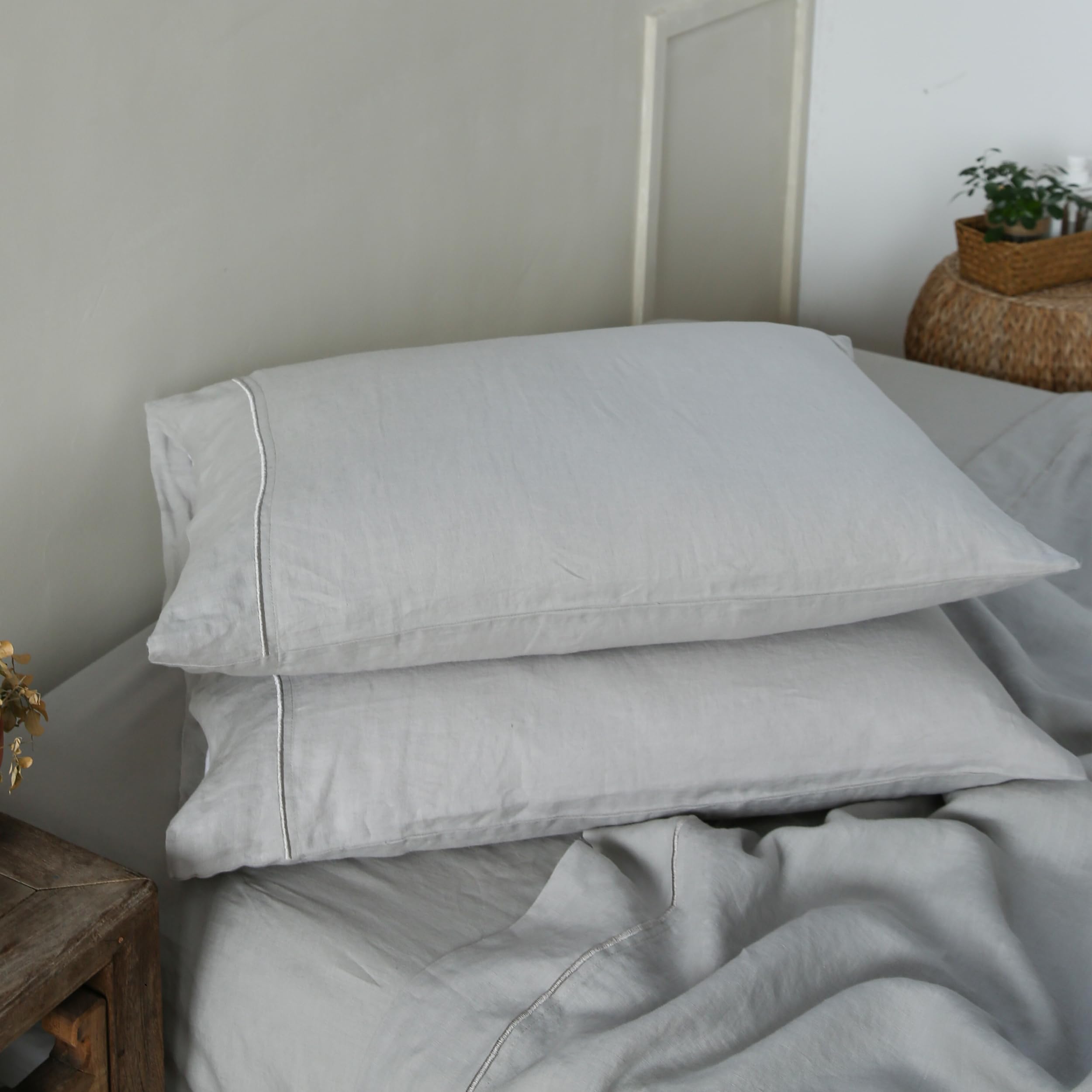 King Linens 100% French Linen Pillowcases With Embroidery - Pack Of 2 - Washed Solid Color Natural Flax Soft Breathable - Grey,