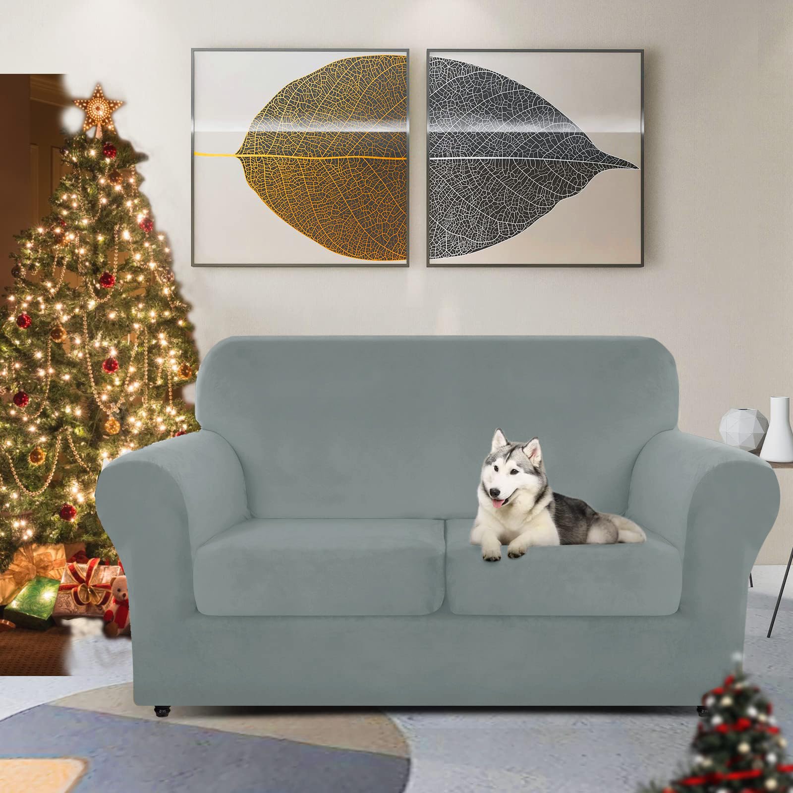 Znsayotx Luxury Velvet Sofa Cover 3 Piece (57'-70') Stretch Loveseat Covers For 2 Cushion Couch Thick Soft Couch Slipcover With Non Slip Strap, Dog Pet Friendly Nice Furniture Protector (Light Grey)