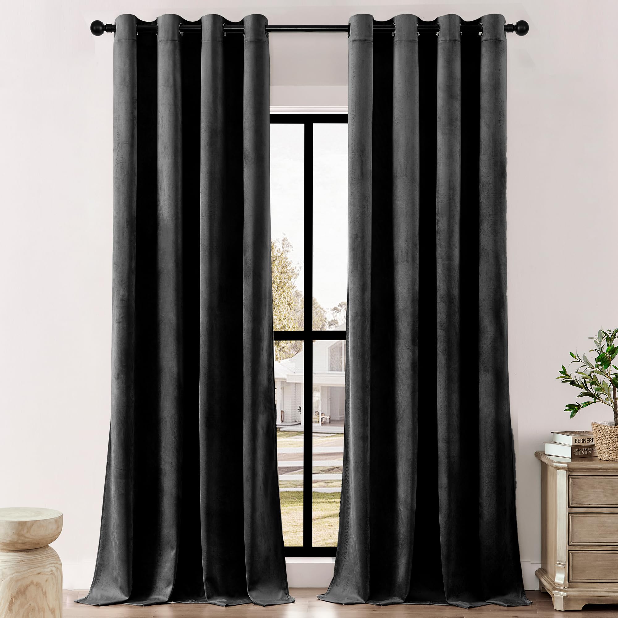 Timeper Black Velvet Curtains Blackout - Home Office 84 Inches Long Curtains, Grommet Thermal Insulated Window Drapes For Baseme