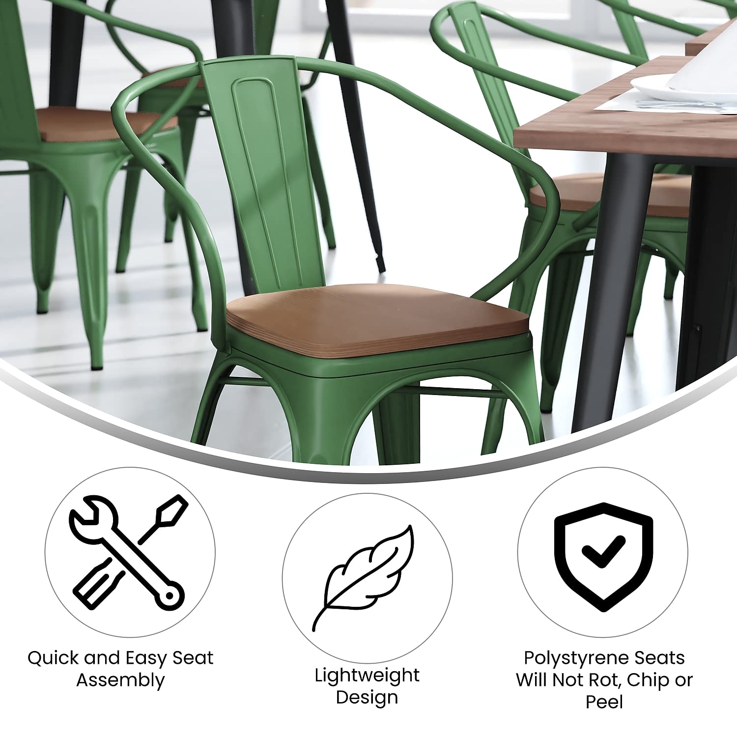 Flash Furniture Luna Commercial Grade Indoor-Outdoor Stack Chair with Arms - Green Metal Frame - Teak All-Weather Polystyrene Seat - Vertical Slat Back
