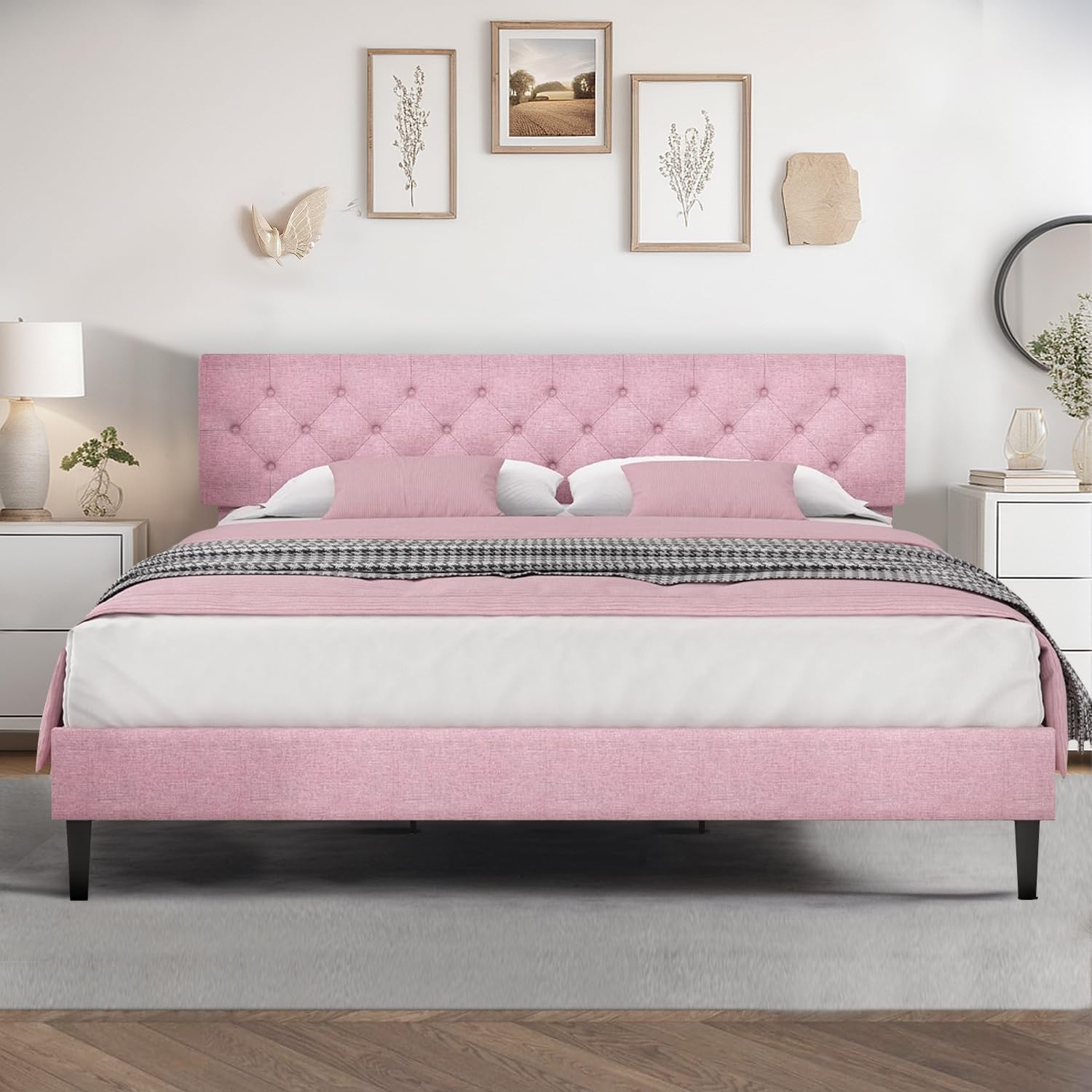 Hombck King Size Bed Frame And Headboard, Upholstered Bed Frame King Linen Fabric With Wood Slats, Button Tufted, No Box Spring Needed, Pink