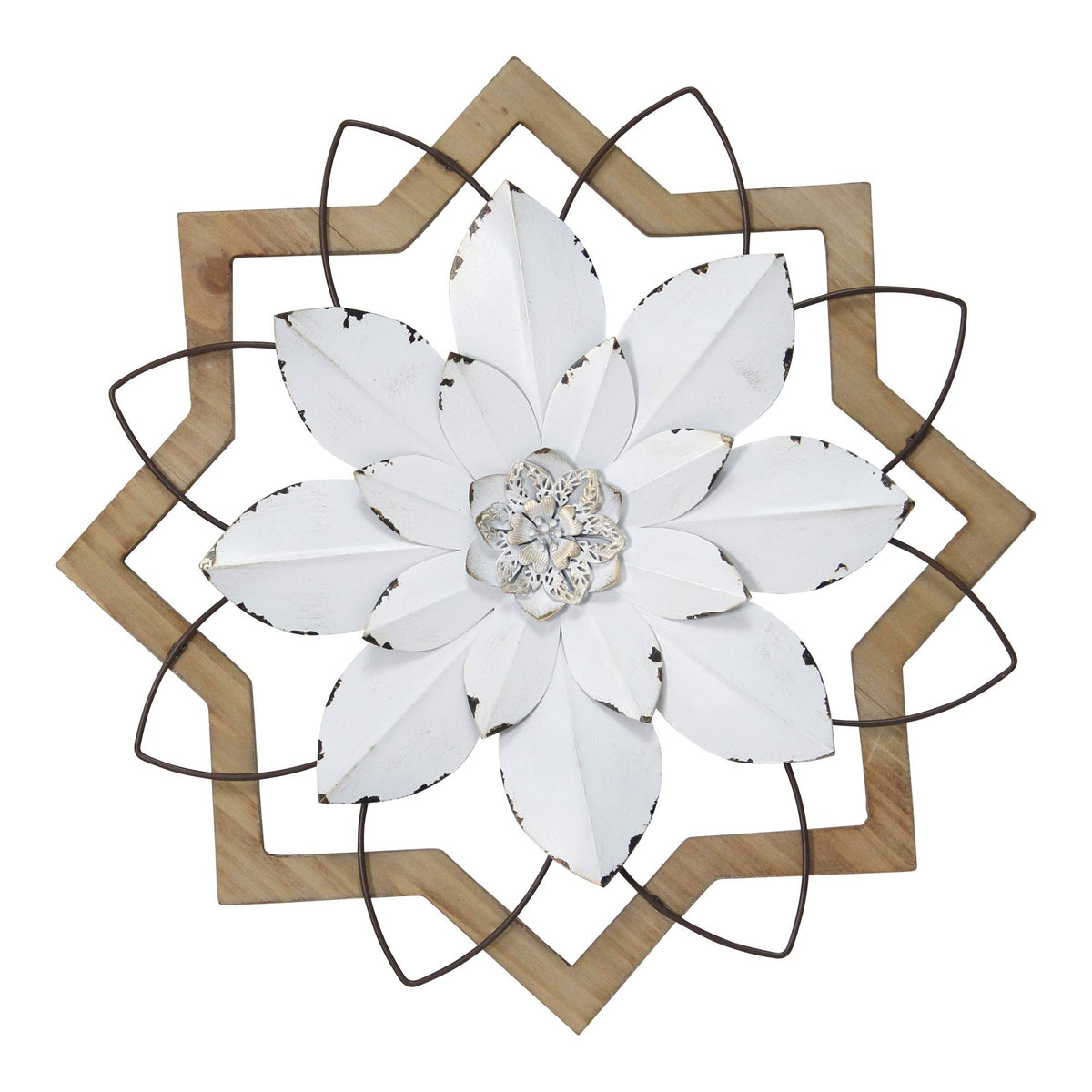 HomeRoots Metal White Flower & Wood Frame Wall Art