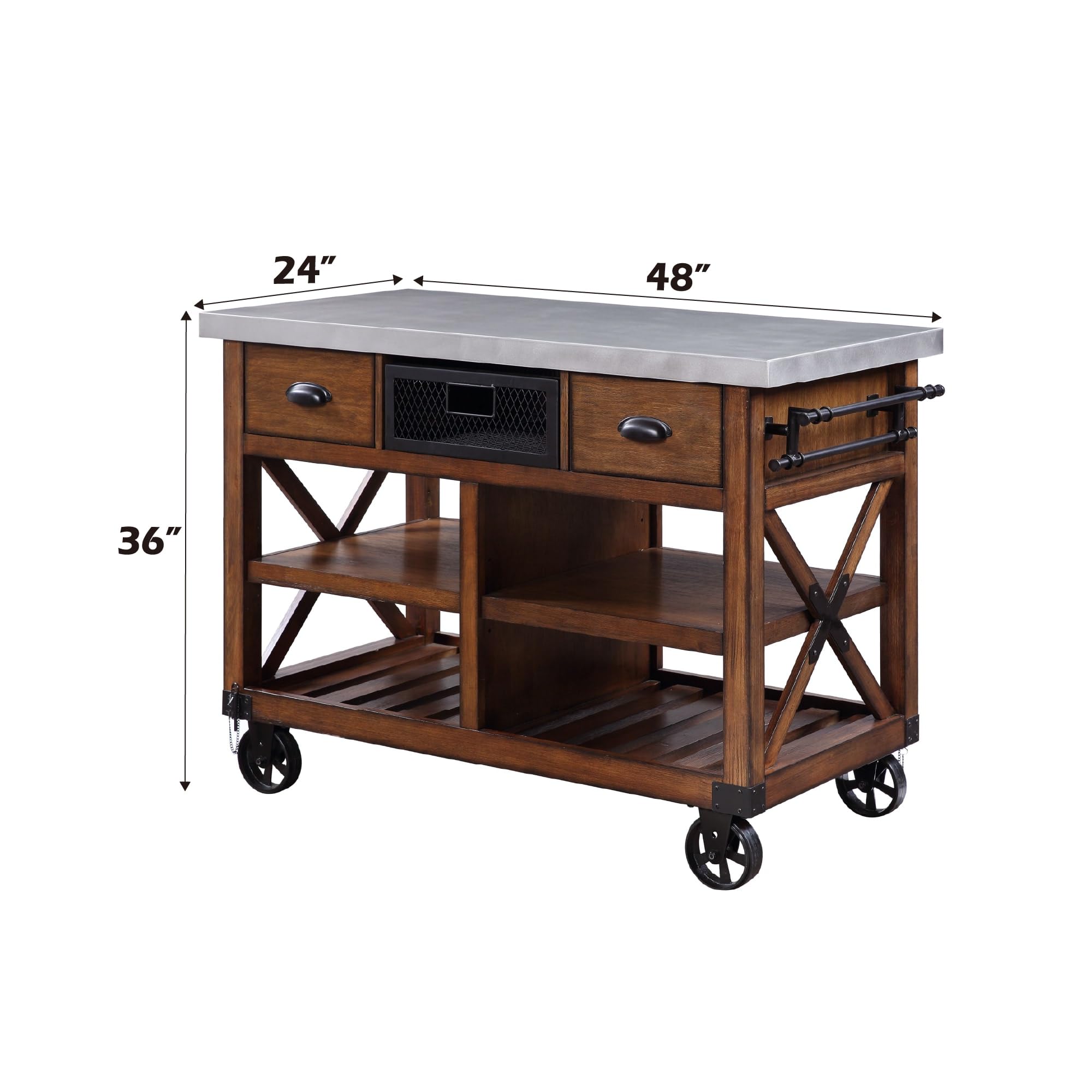 Acme Kailey 2-Drawer Wooden Kitchen Cart With 2 Shelves In Antique Oak