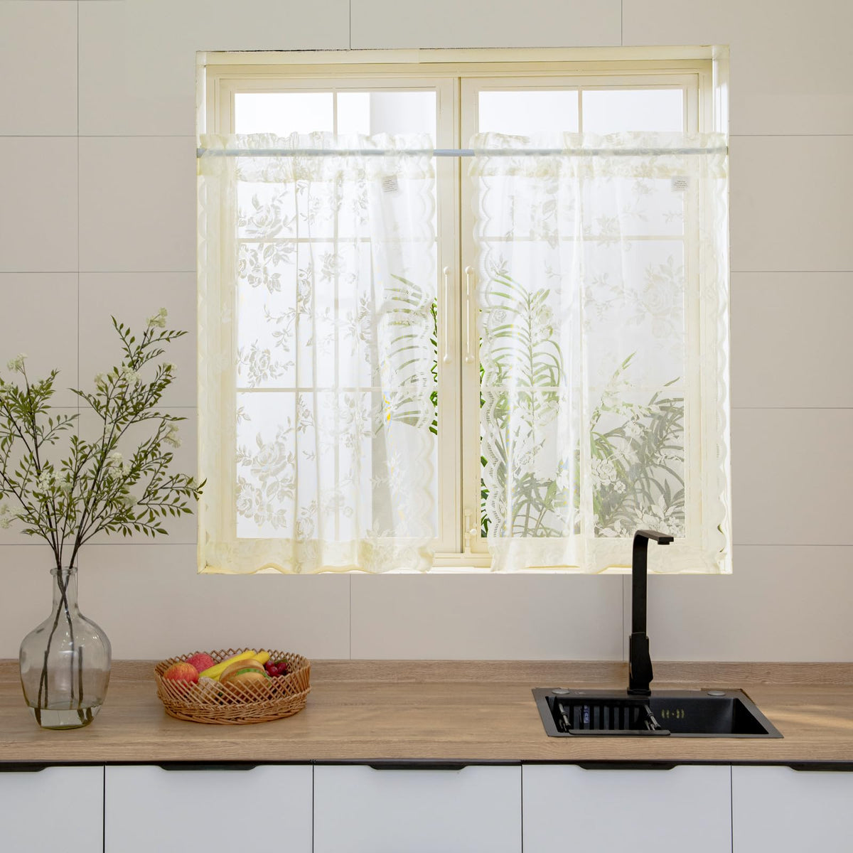 Ivory Lace Cafe Curtains 24 Inch Length 2 Panels Set Country Floral Sheer Curtains Rod Pocket Short Kitchen Curtains Decor Light