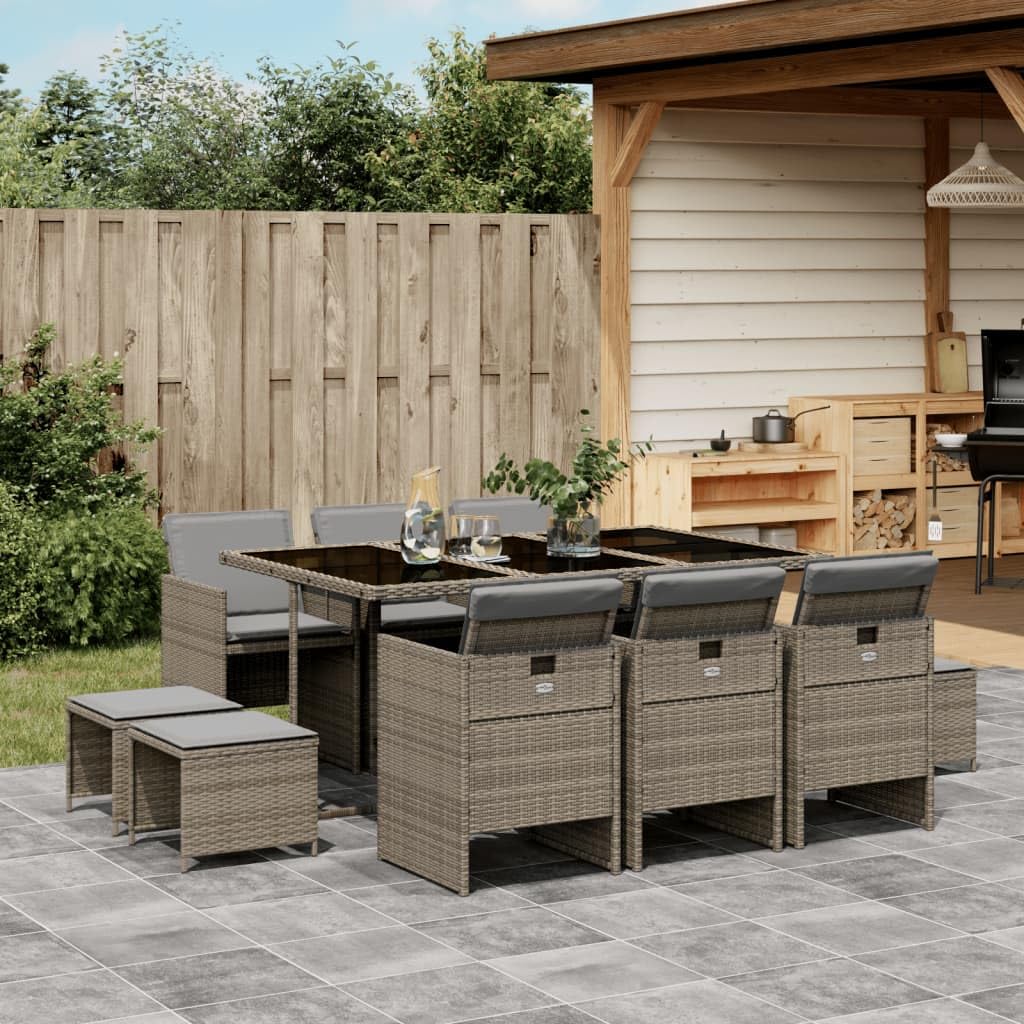 vidaXL 11 Piece Patio Dining Set with Cushions - Gray Poly Rattan Garden Table and Chairs/Stools - Compact Storage, Comfortable Seating, Easy Maintenance, Tempered Glass Tabletop