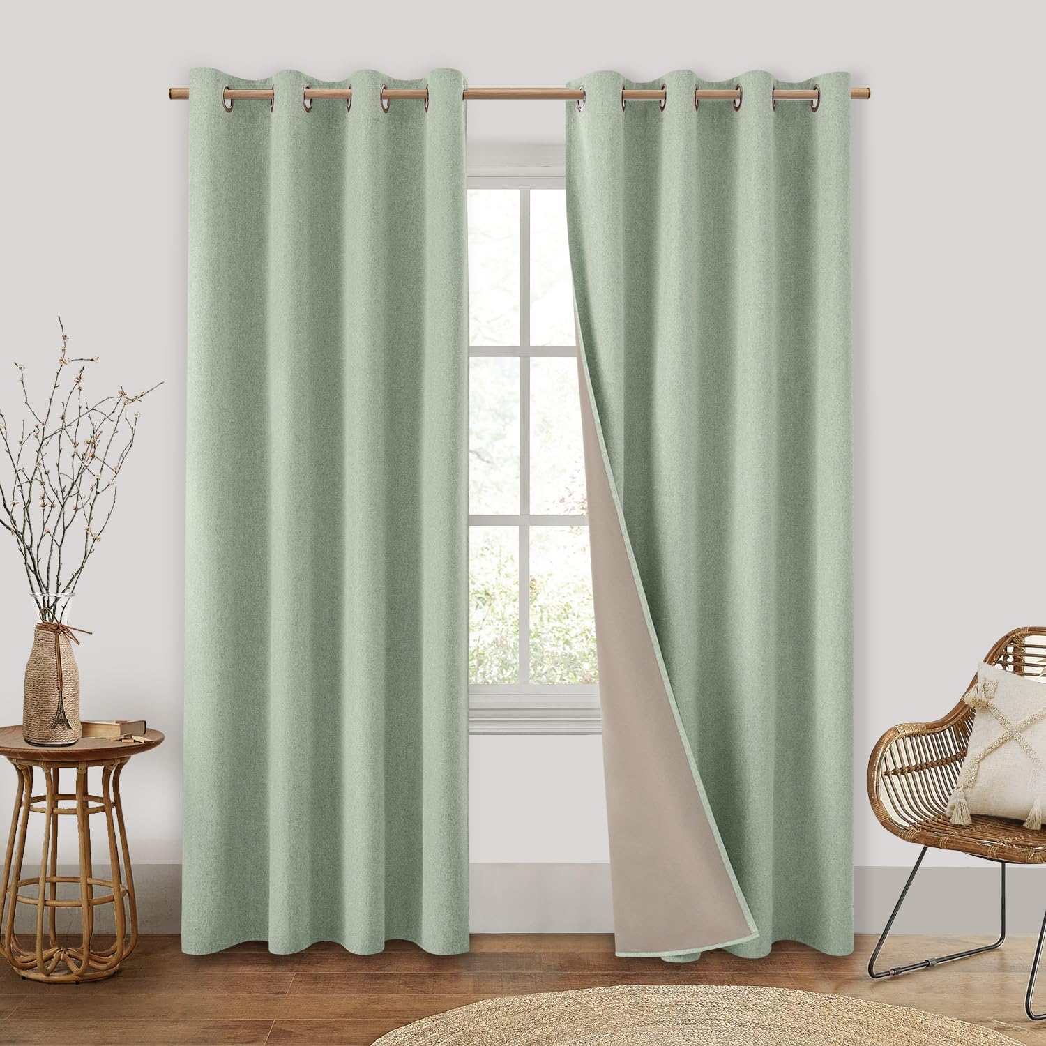 HOMEIDEAS Sage Green 100% Blackout Curtains, 2 Panels Faux Linen Curtains Room Darkening Curtains 52 X 84 Inches Thermal Insulat