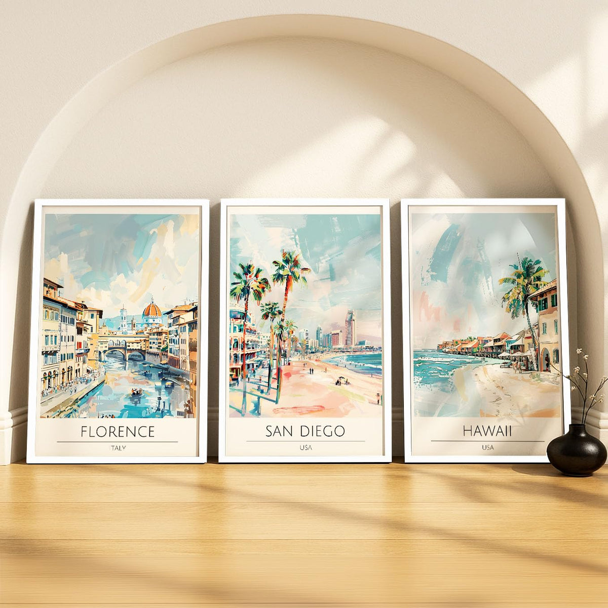 SoulAbiti Florence & San Diego & Hawaii set of 3 Framed Wall Print 12x18 inch White Frame PlexiGlass Polaroid Travel Art ready