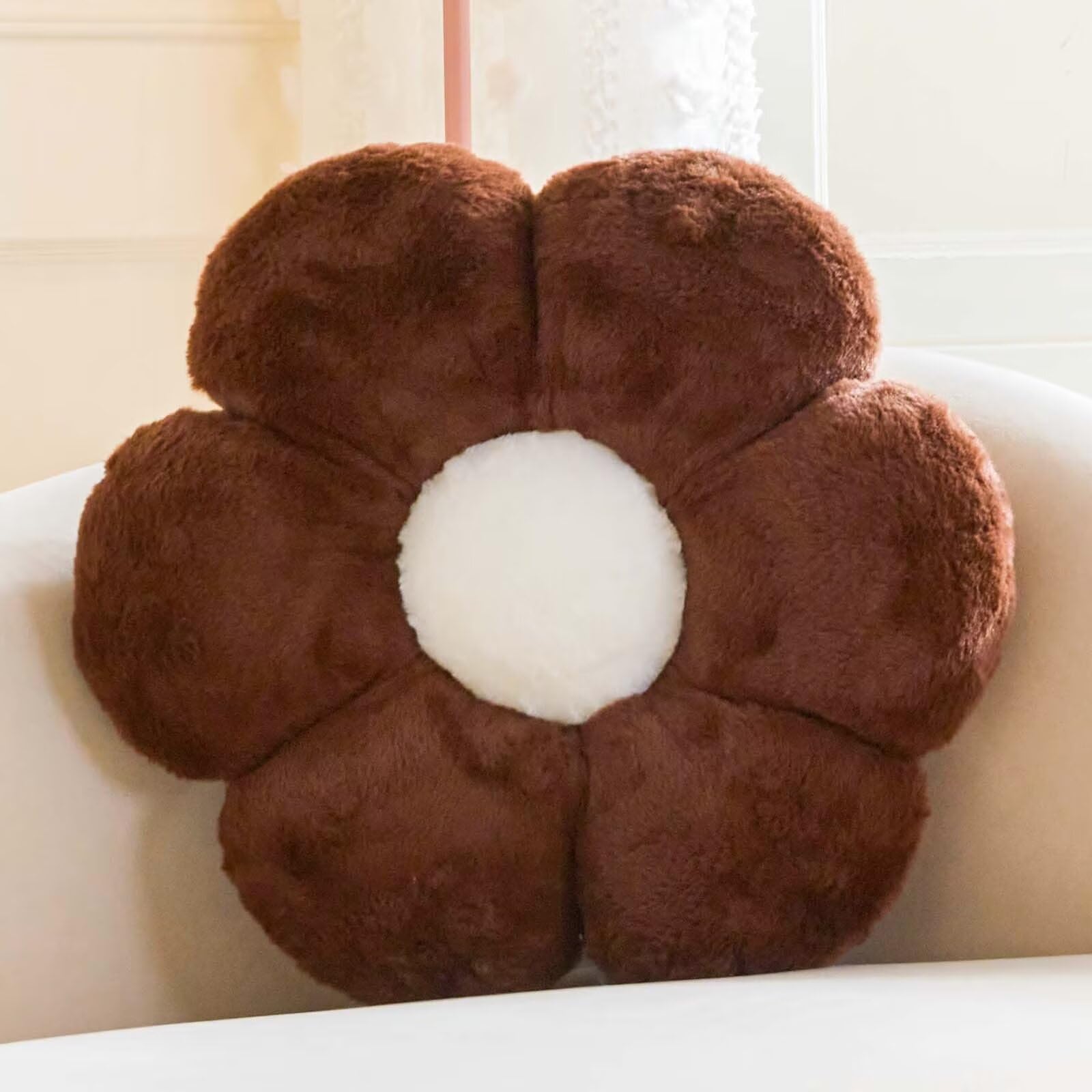 Kcvvcr Brown Flower Pillow, Cute Decorative Flower Shaped Throw Pillow With Faux Rabbit Fur, 19.6'' Soft Flower Plush Throw Pill