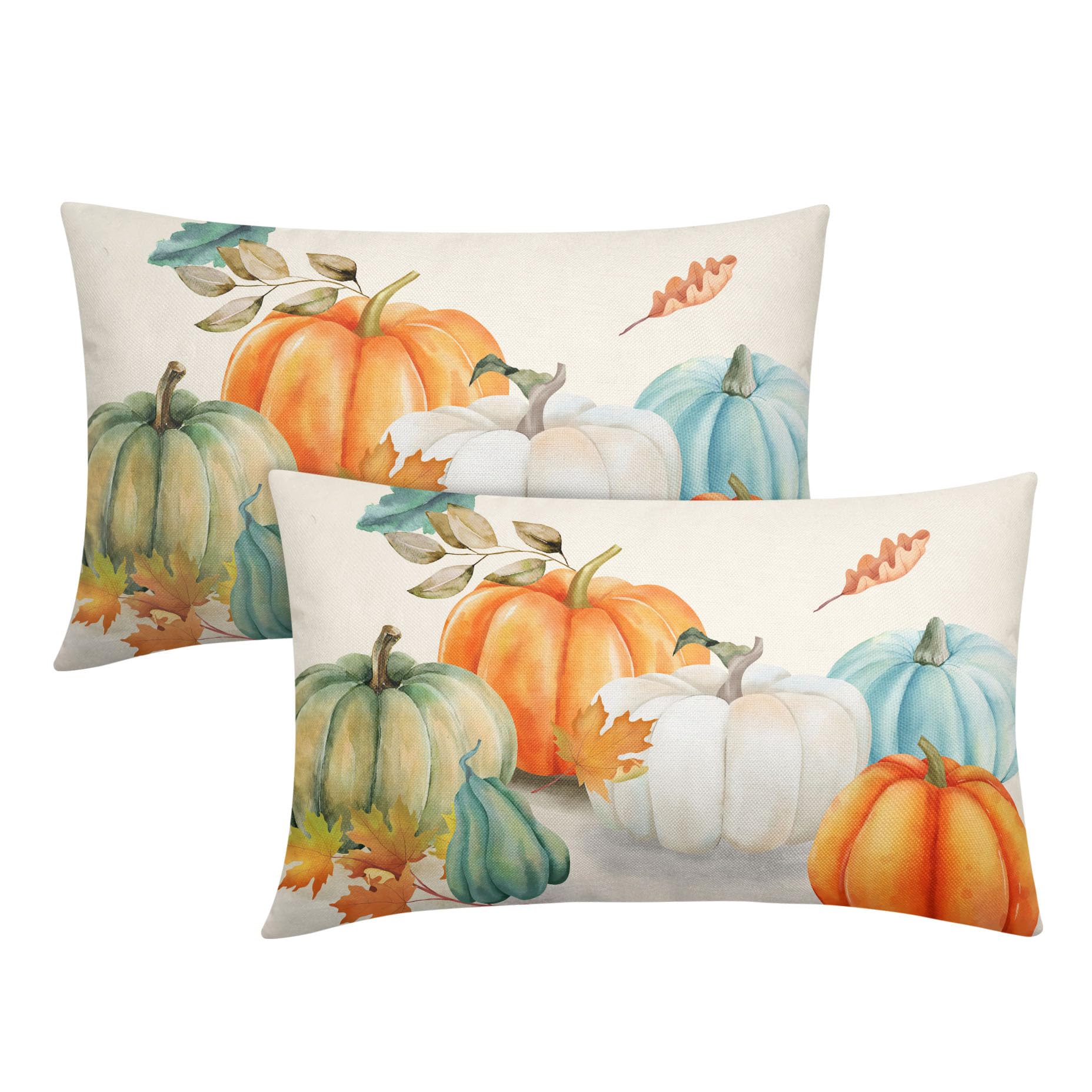 Fall Maple Leaves Lumbar Pillow Covers 12X20 In Teal Orange White Green Pumpkins Decorative Couch Pillow Cases Set Of 2 Autumn T