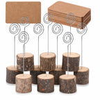 Toncoo 10Pcs Premium Wood Place Card Holders with Swirl Wire and 20 Pcs Kraft Place Cards, Rustic Wood Table Number Holders Stan