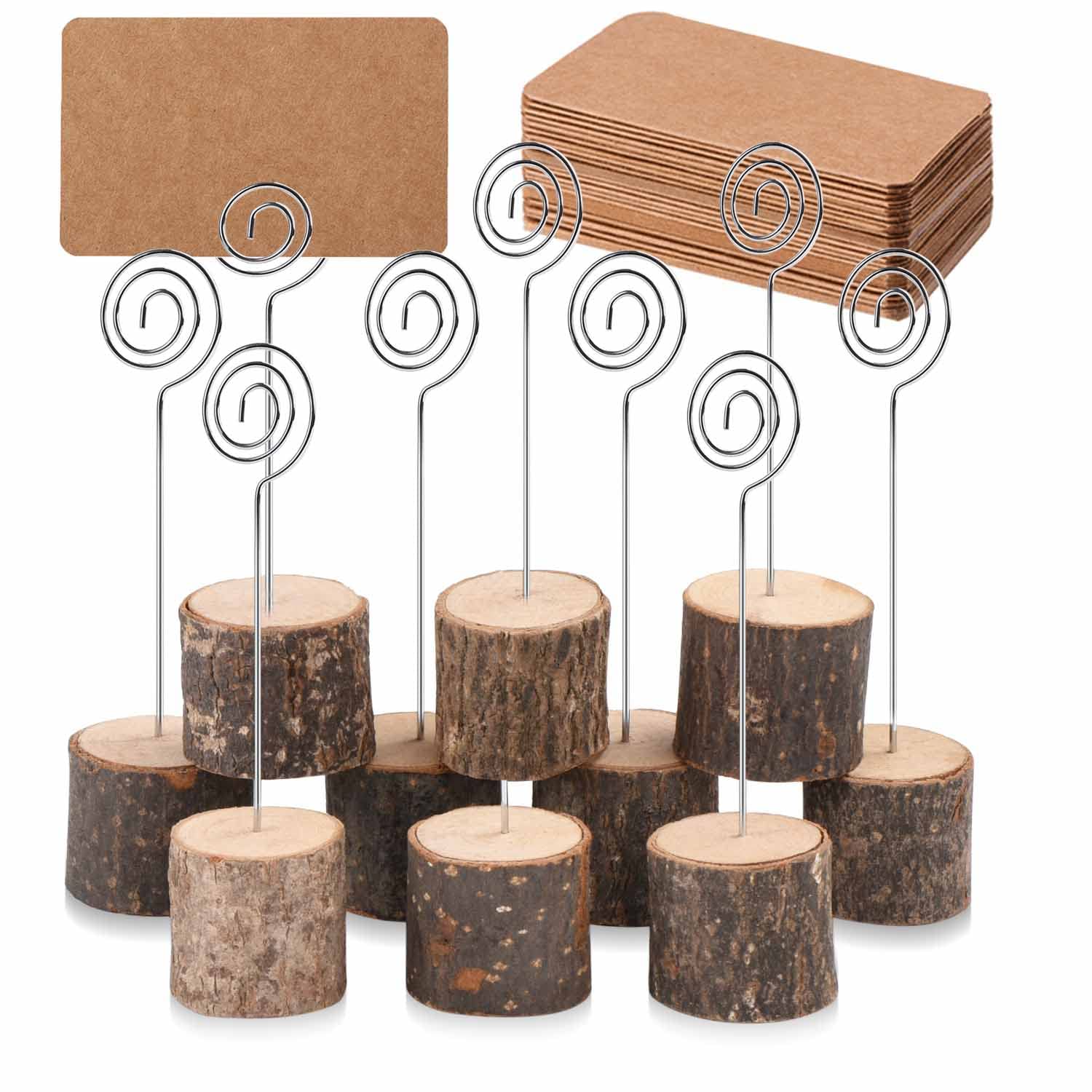 Toncoo 10Pcs Premium Wood Place Card Holders with Swirl Wire and 20 Pcs Kraft Place Cards, Rustic Wood Table Number Holders Stan