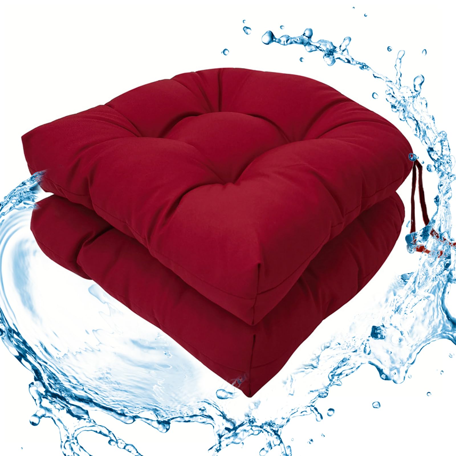 Wadser Outdoor/Indoor Chair Cushions Burgundy, Tufted Patio Seat Cushions Round Corner, 2 Pack Waterproof Chair Pads With Ties,