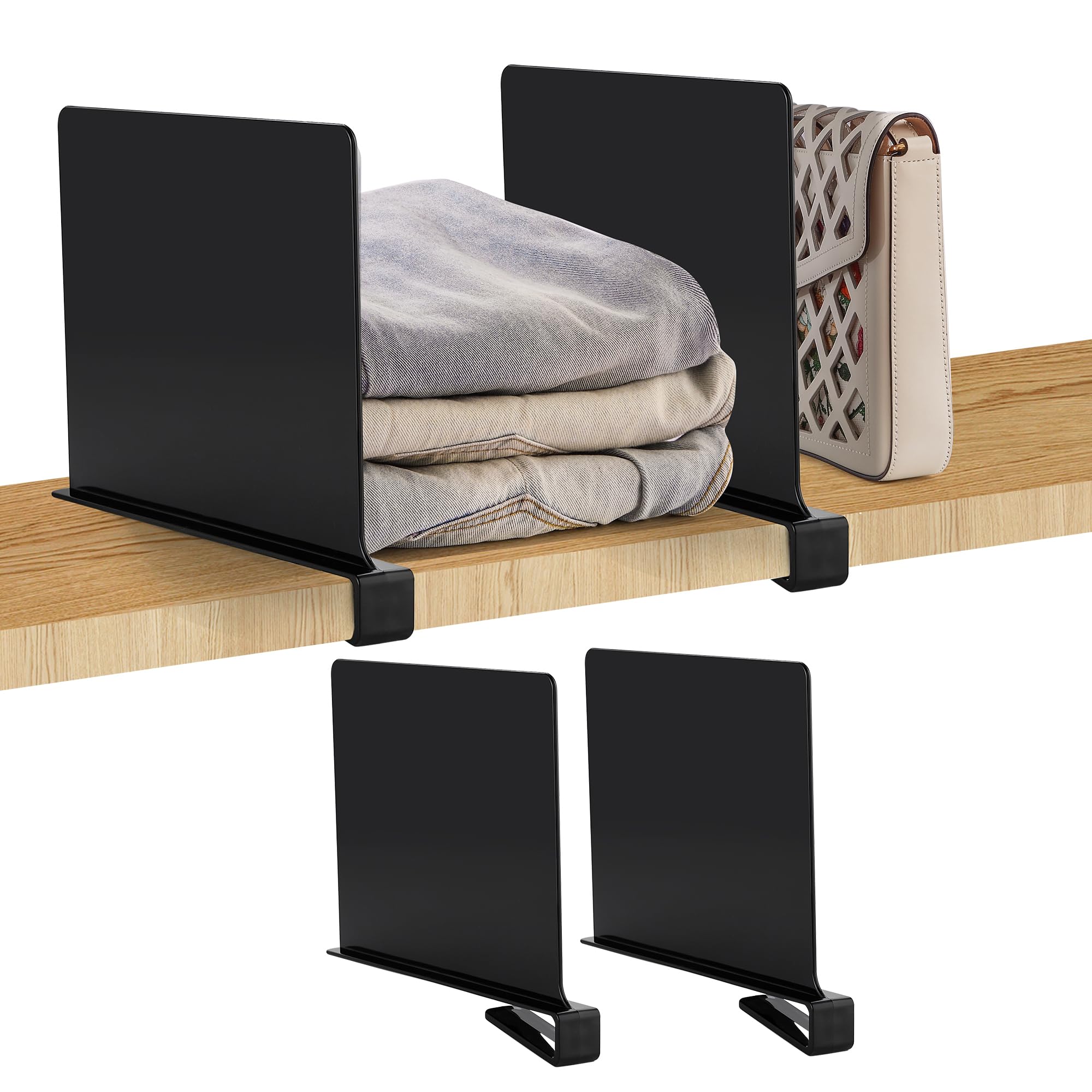 JOY DECOR 2 Pack Acrylic Matte Black Shelf Dividers for Closets Organization and Storage Adjustable Vertical Wood Shelf Closet S