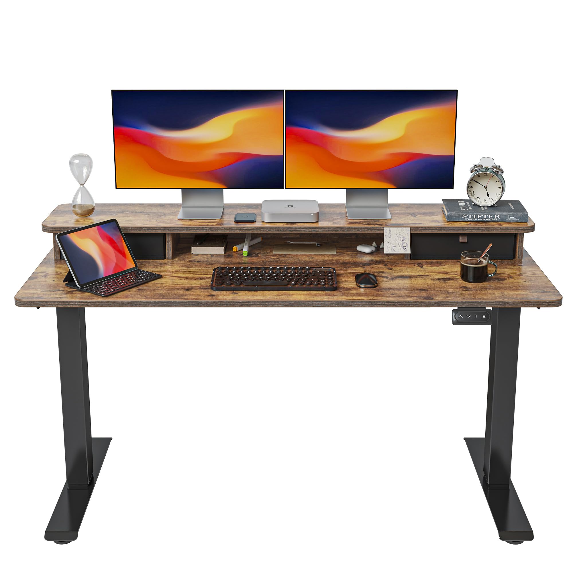 FEZIBO 55 x 24 Inch Height Adjustable Electric Standing Desk with Double Drawer, Stand Up Desk with Storage Shelf, Sit Stand Des