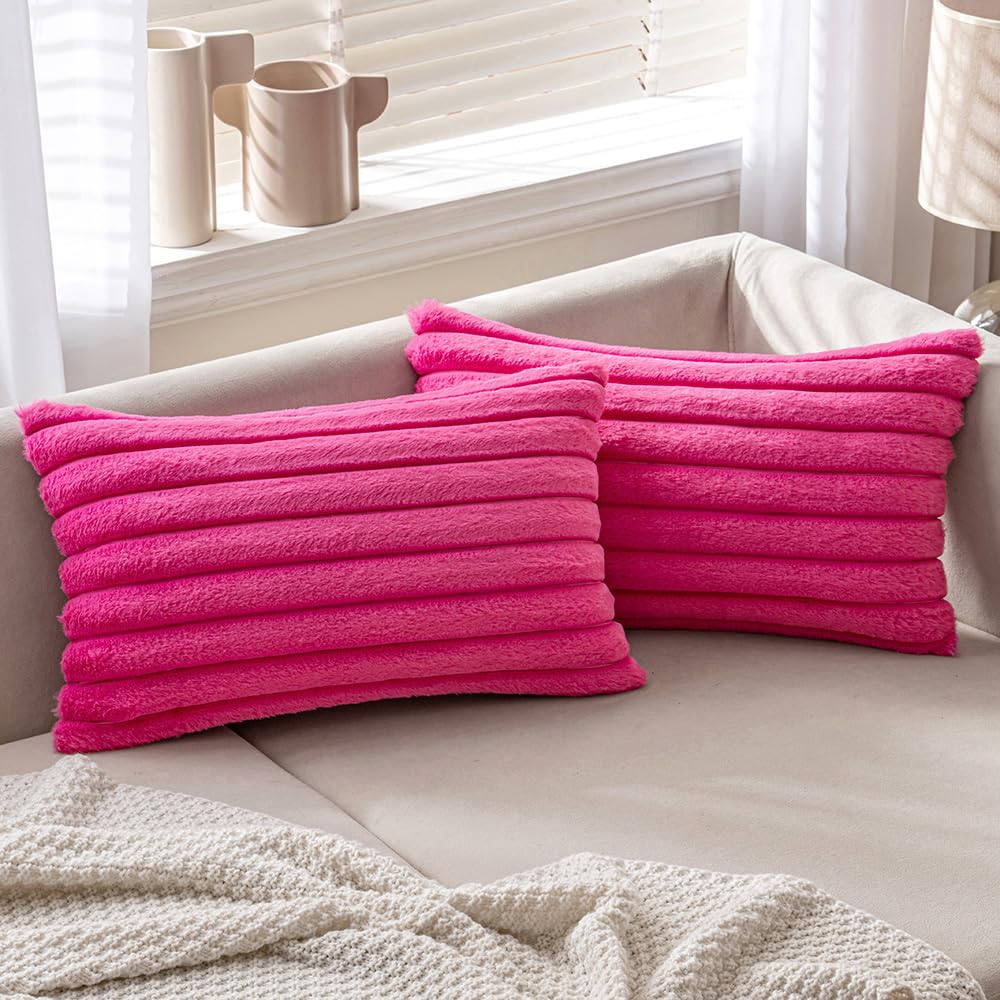 Miulee Hot Pink Throw Pillow Covers 12X20 Inch Set Of 2 Fuzzy Striped Soft Pillowcase With Velvet Back Faux Rabbit Fur Cushion C