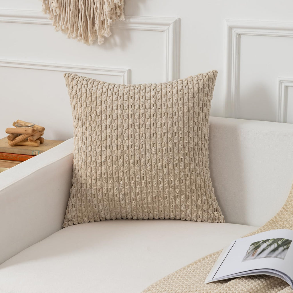 Kevin Textile Throw Pillow Covers Soft Corduroy Decorative Set Of 2 Boho Striped Pillow Covers Pillowcases Farmhouse Home Decor For Couch Bed Sofa Living Room 24X24 Inch Beige