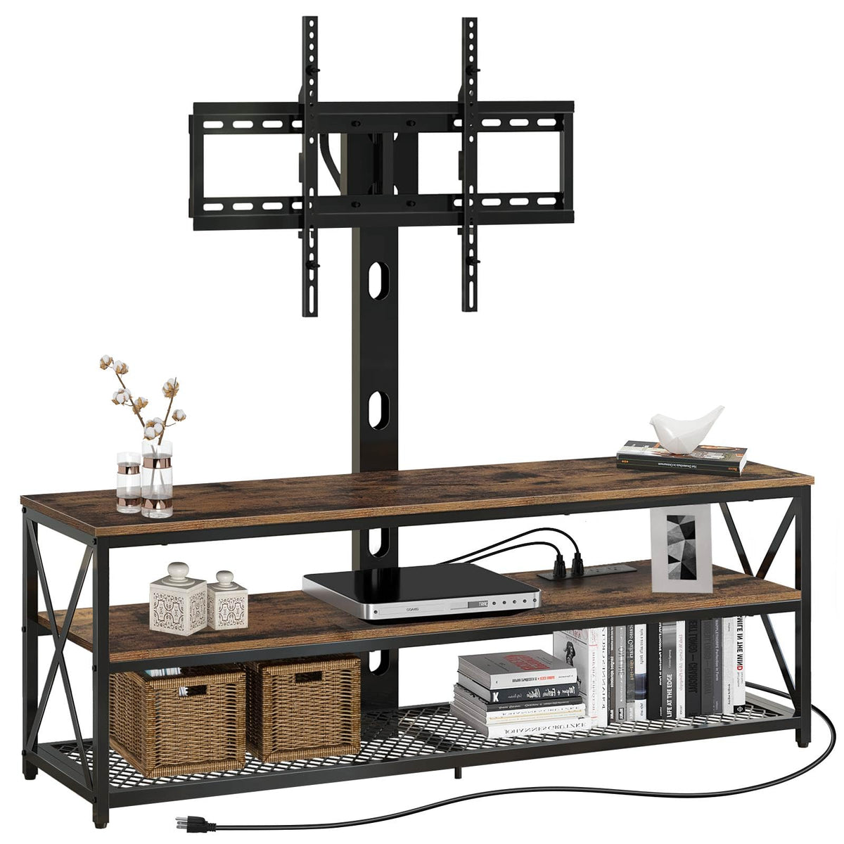 Seventable Tv Stand With Mount And Power Outlet 51', Swivel Tv Stand Mount For 32/45/55/60/65/70 Inch Tvs, Height Adjustable Tv Entertainment Center With Cable Management, Rustic Brown