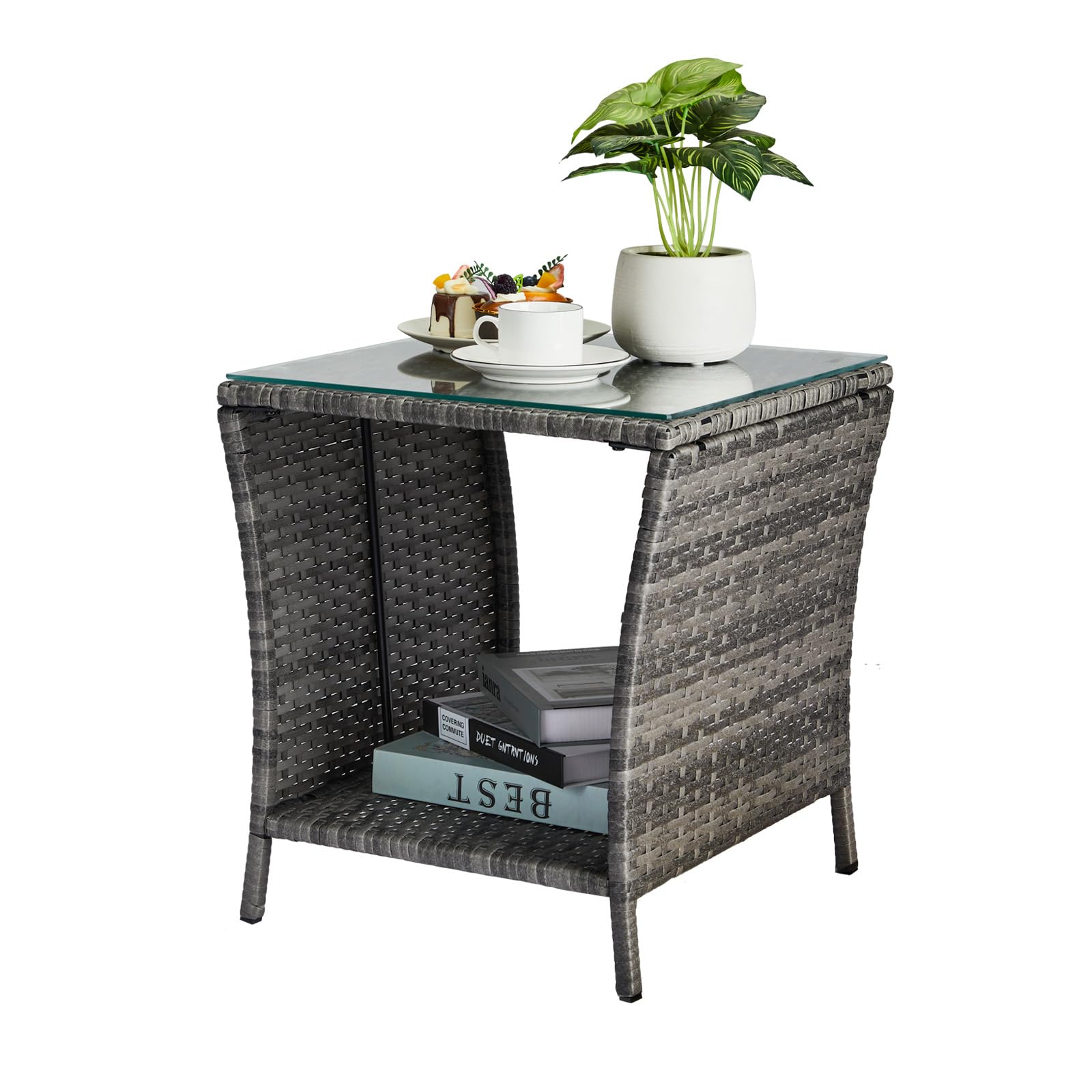 Wicker Rattan Side Table Patio Wicker Table, Outdoor Square Rattan Coffee Table End Table With Tempered Glass Top And Storage Fo