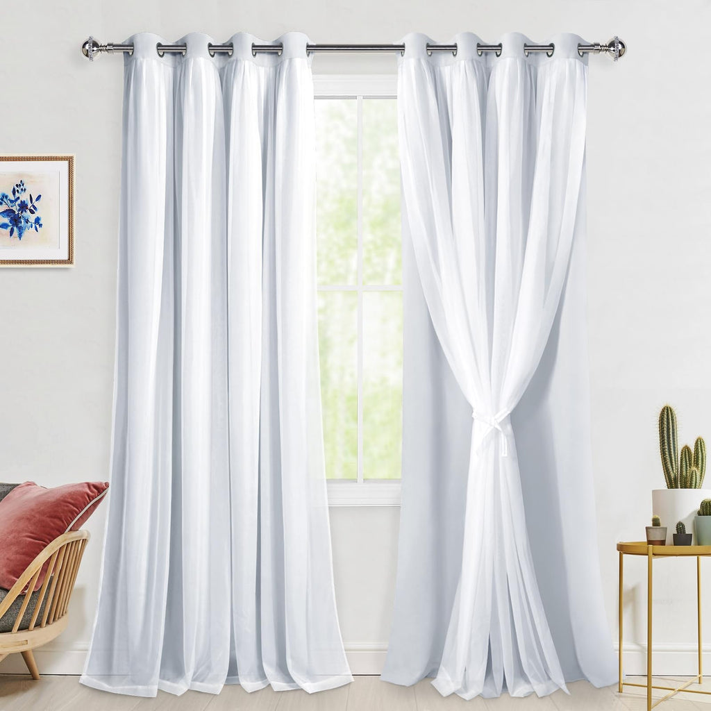 Hiasan Greyish White Blackout Curtains with Sheer, Thermal Insulated Privacy Double Layer Grommet Window Curtains for Bedroom, L