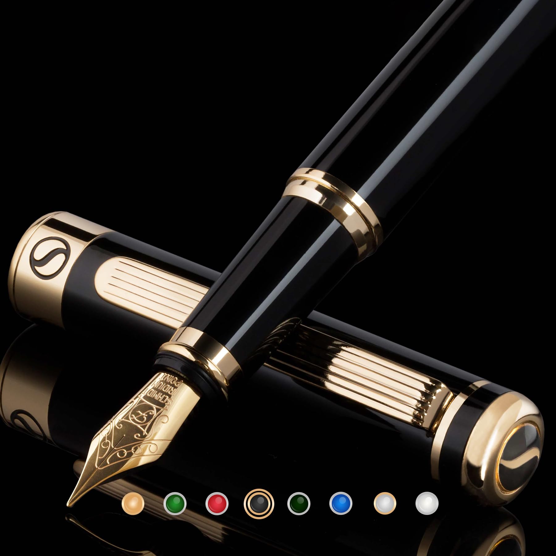 Scriveiner Black Lacquer Fountain Pen - Stunning Luxury Pen With 24K Gold Finish, Schmidt 18K Gilded Nib (Fine), Best Pen Gift S