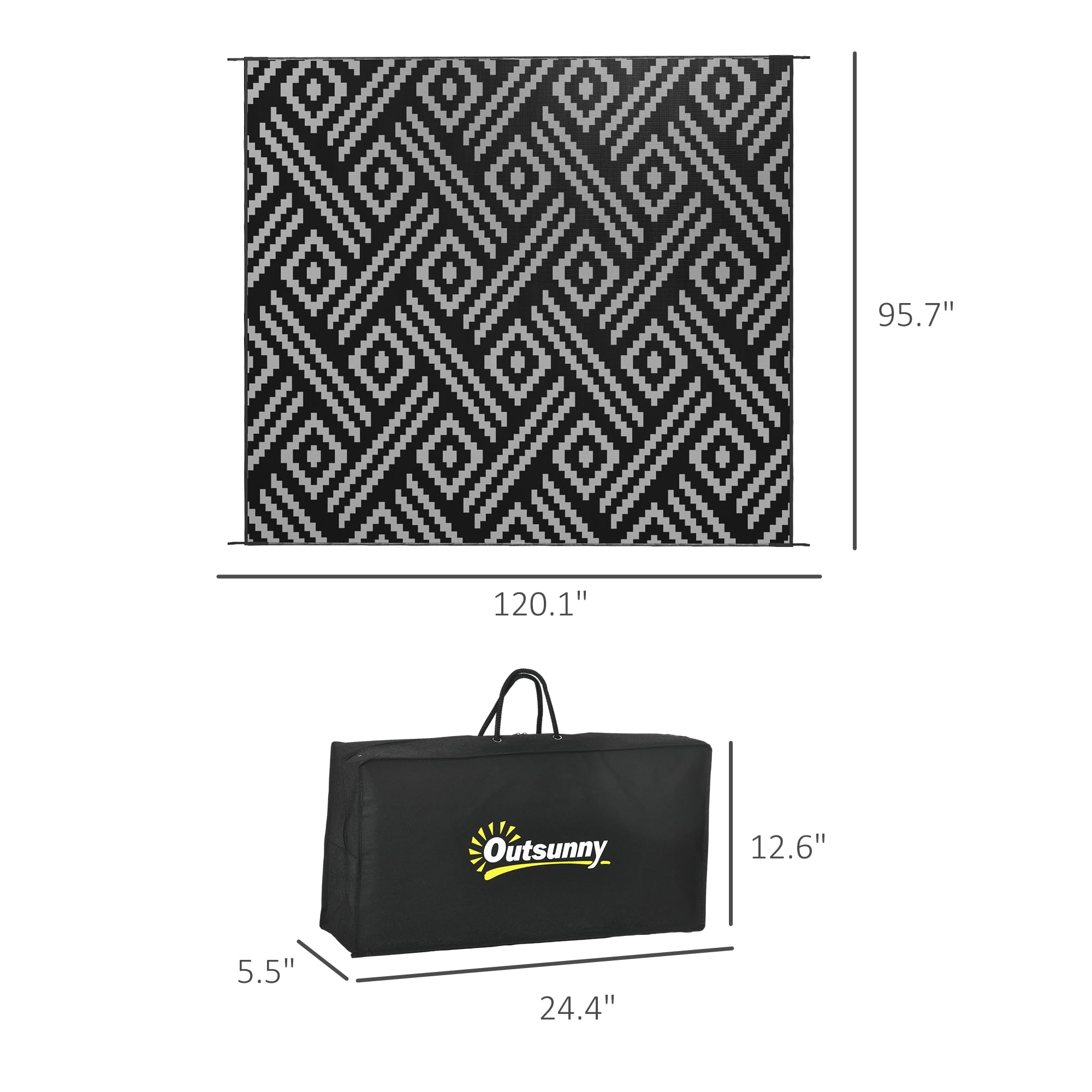 Outsunny Reversible Outdoor Rug, 8' X 10' Waterproof Plastic Straw Floor Mat, Portable Rv Camping Carpet, Large Floor Mat For Backyard, Deck, Picnic, Beach, Black & Gray Geometric