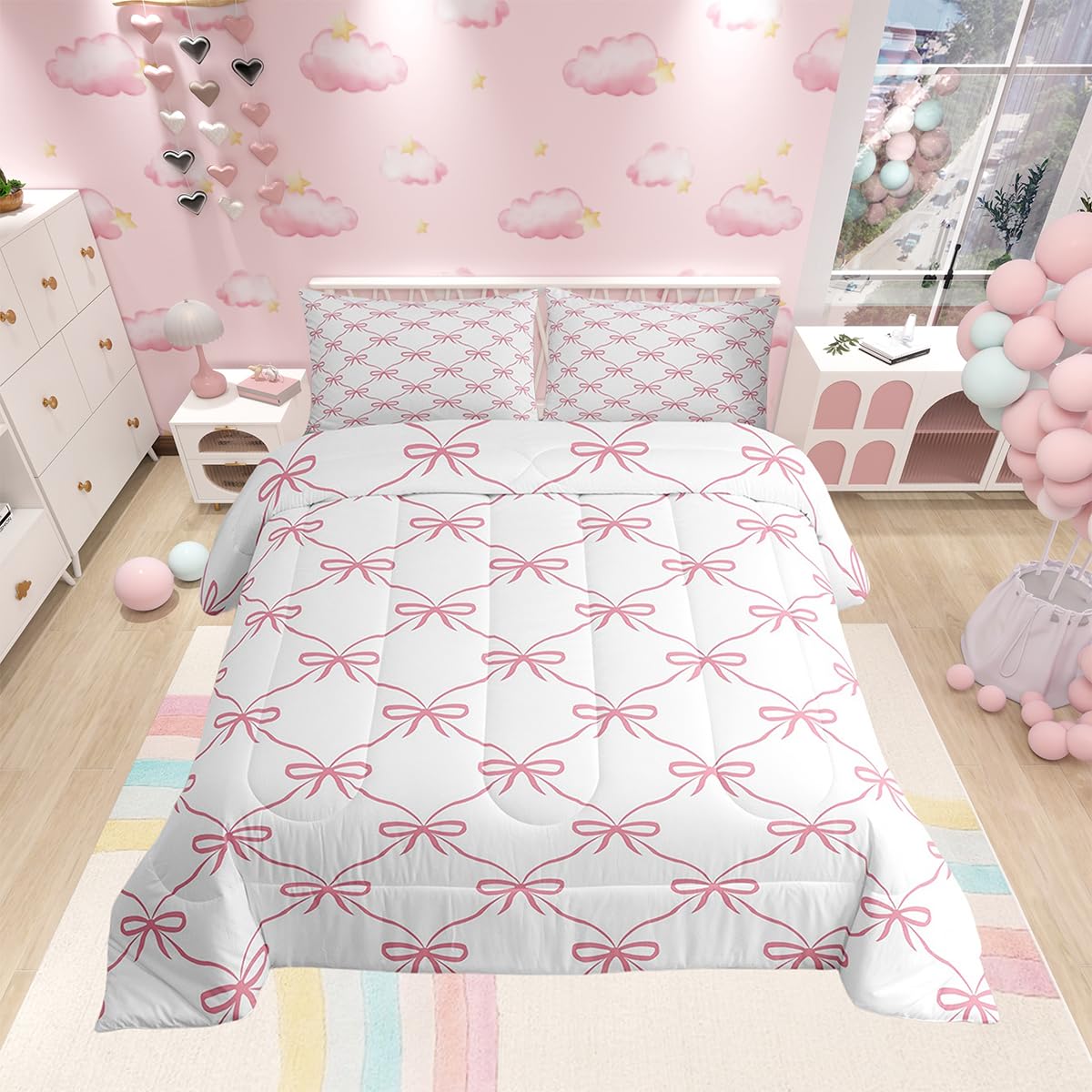 Manfei Pink Bow Comforter Set Queen Size, Cute Bowknot Geometric Lattice Patchwork Bedding Set 3Pcs, Princess Kawaii Bow Tie Dow