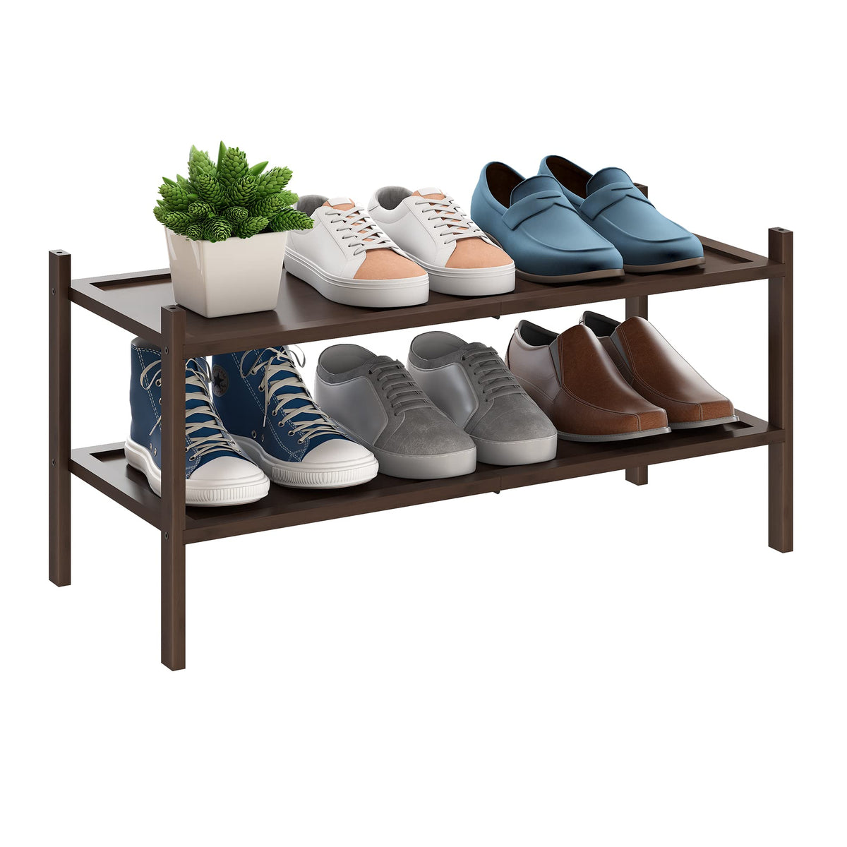 Bmosu 2-Tier Bamboo Shoe Rack Premium Stackable Shoe Shelf Storage Organizer For Hallway Closet Living Room Entryway Organizer(Brown)