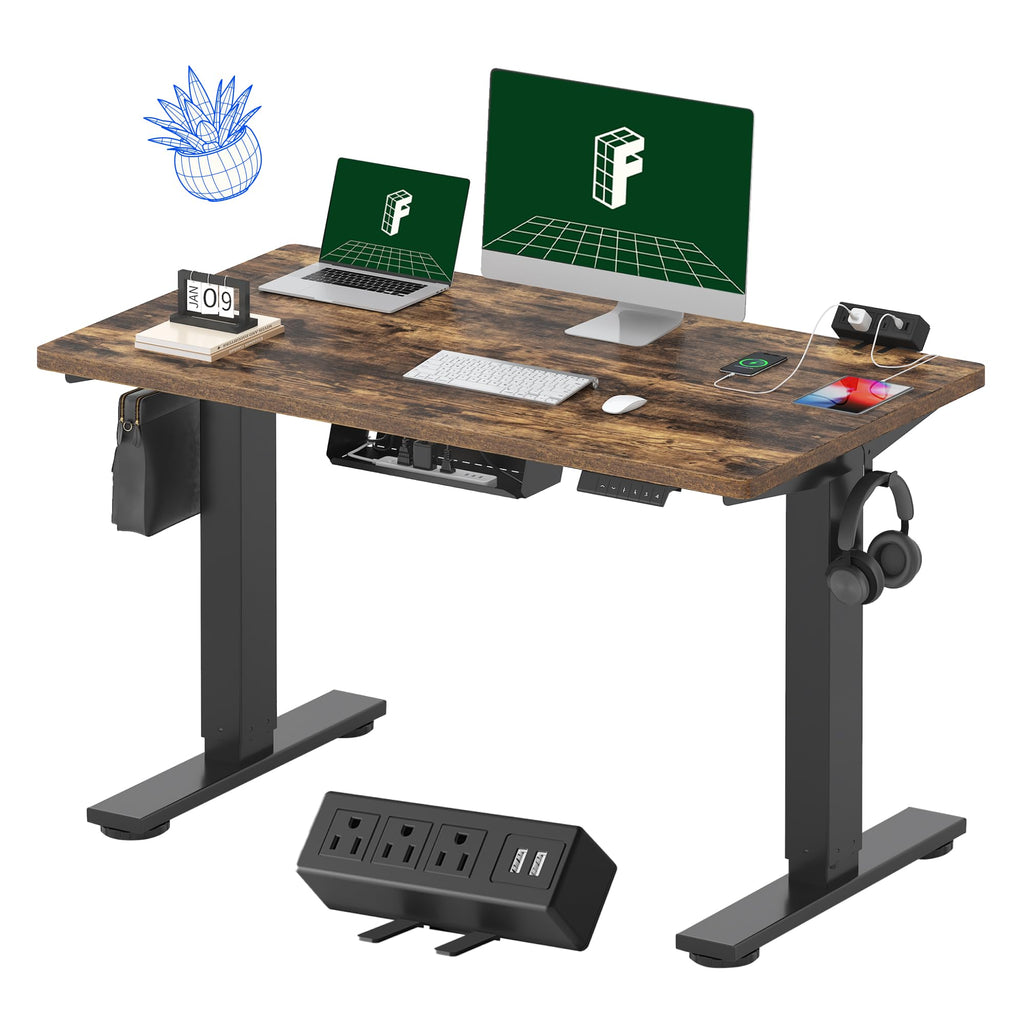 Flexispot En2 Whole-Piece Standing Desk With Clamp Power Strip, 48 X 24'' Electric Stand Up Height Adjustable Desk With Cable Management (Black Frame + 48' Rustic Brown Desktop, 2 Packages)