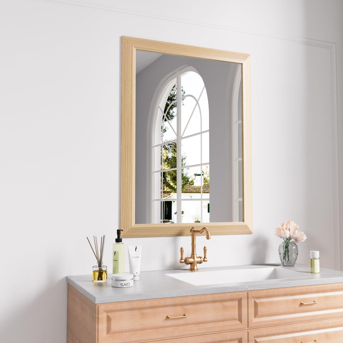 Amorho Bathroom Mirror, 28x36 Inch Wall Mirror, Oak Wood Grain Metal Framed, Anti-Rust, Hang Horizontally/Vertically, Suitable f
